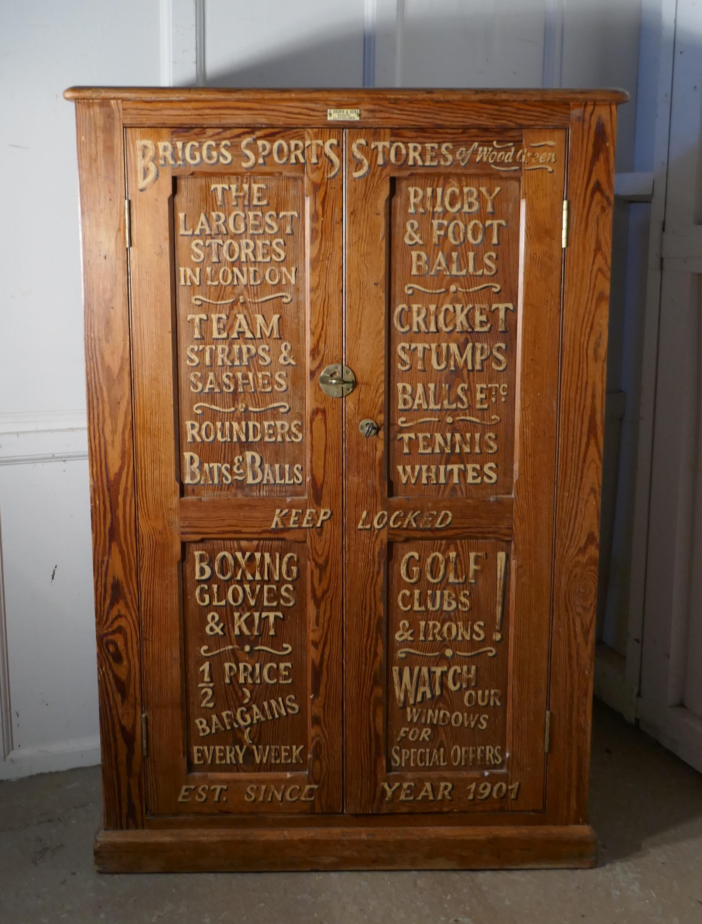 19th Century Sign Painted Pitch Pine School Cupboard, Sports Equipment Cupboard