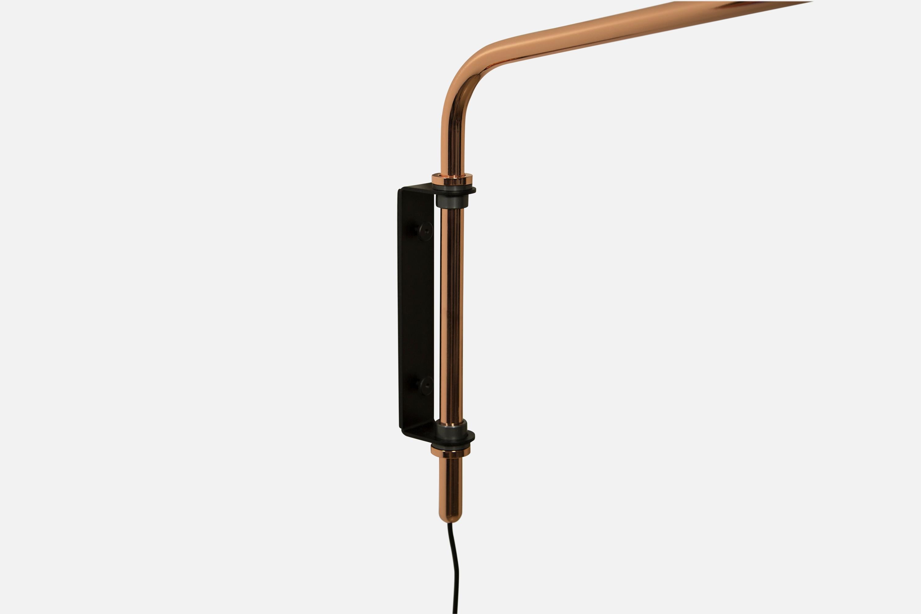 The Signal arm sconce is a rotatable sconce that seamlessly blend the Mid-Century Modern aesthetic with that of science fiction. A bent aluminum tube cantilevers from a wall-mounted bracket to allow the spun shade to hover above any interior. Clean,