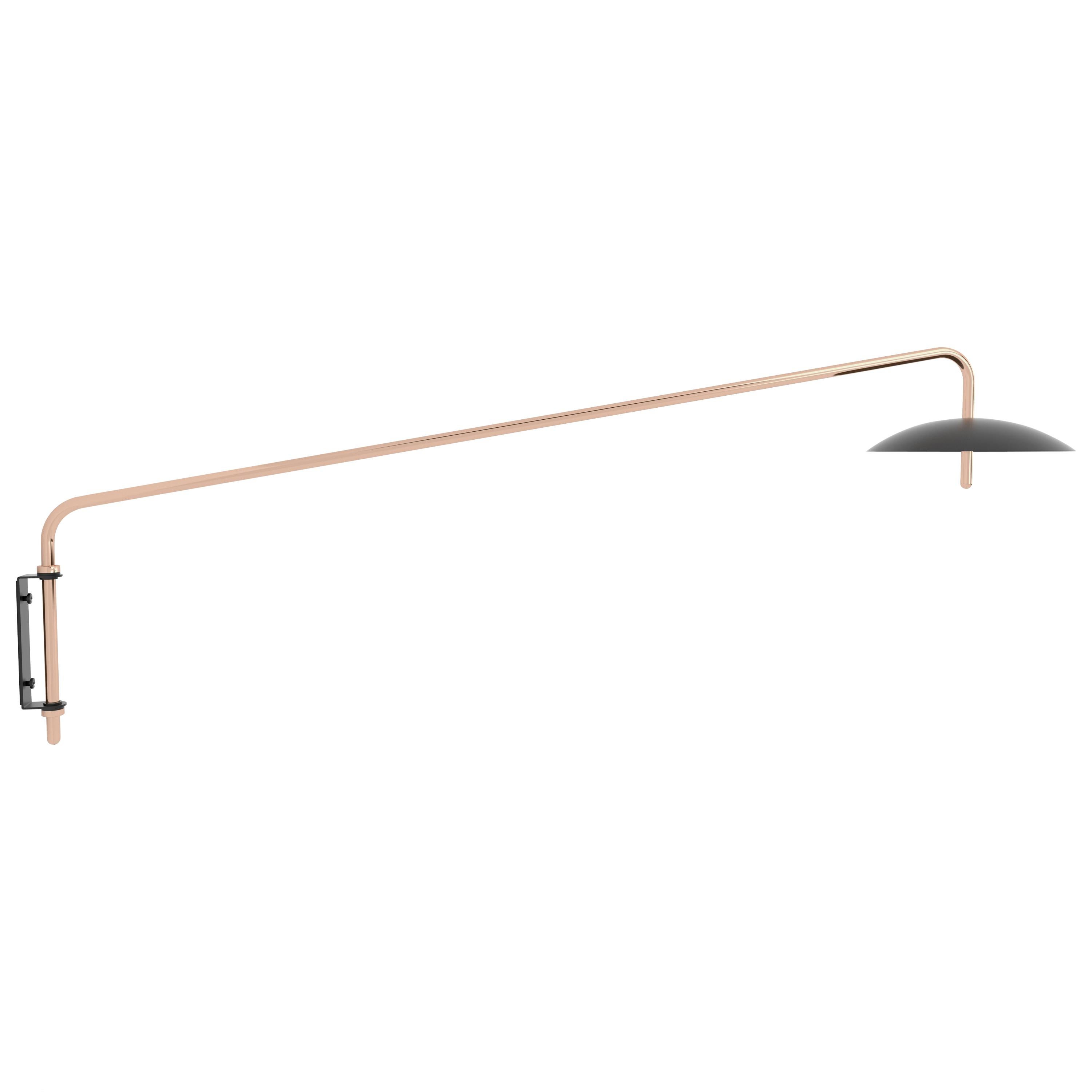 The signal arm sconce is a rotatable sconce that seamlessly blend the Mid-Century Modern aesthetic with that of science fiction. A bent aluminum tube cantilevers from a wall-mounted bracket to allow the spun shade to hover above any interior. Clean,