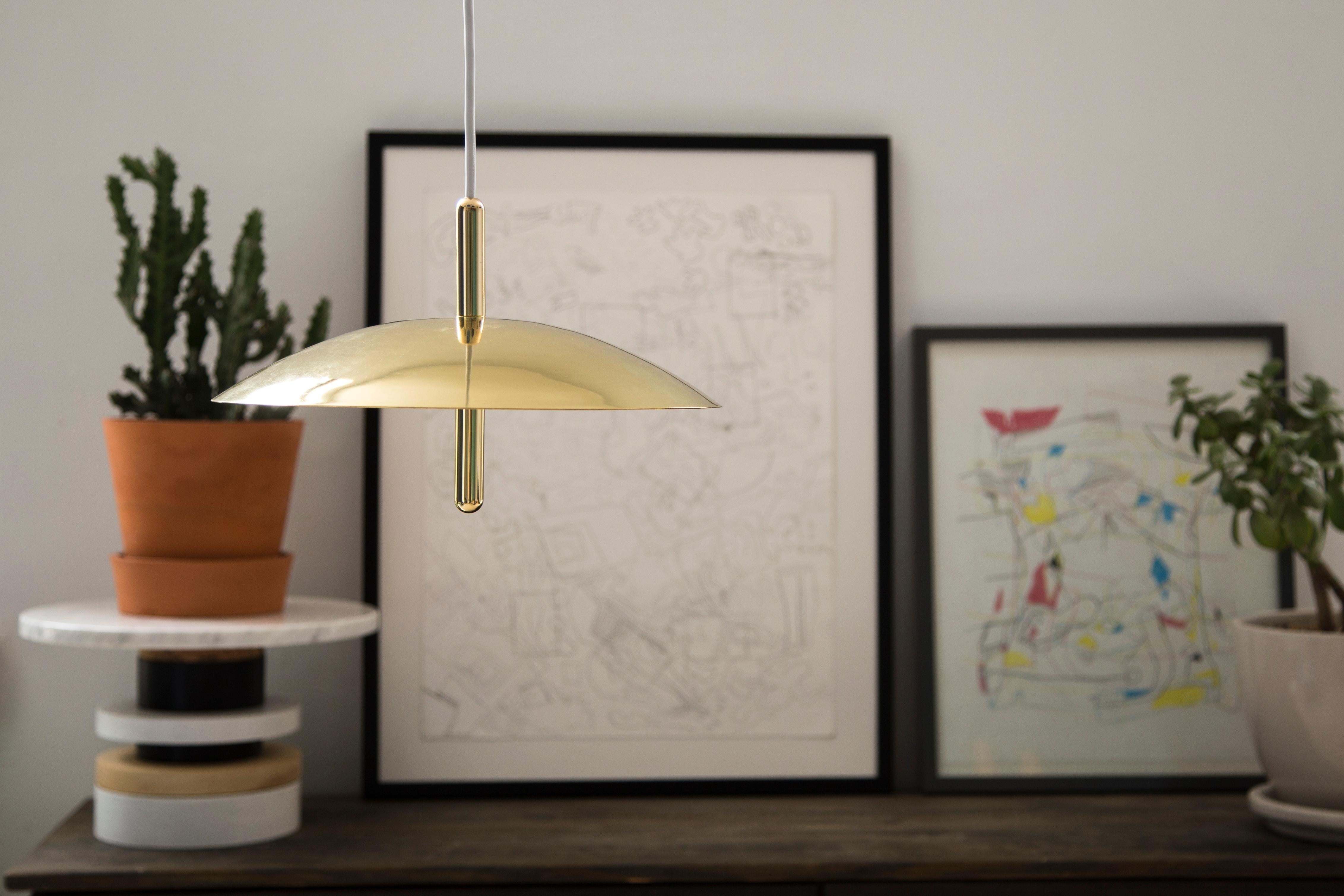 Spun Signal Pendant Light from Souda, White x Brass, in Stock For Sale