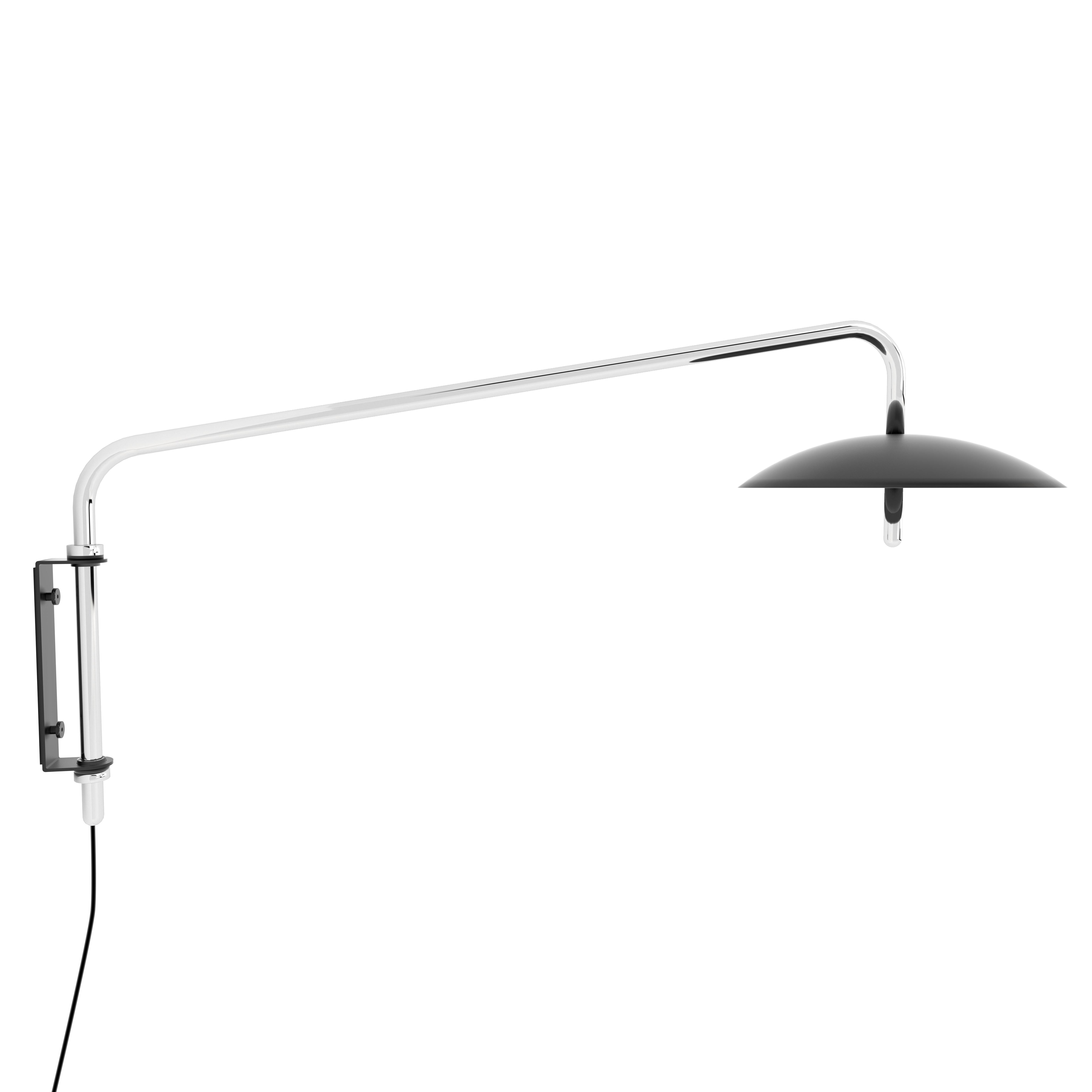 The signal arm sconce is a rotatable sconce that seamlessly blend the Mid-Century Modern aesthetic with that of science fiction. A bent aluminum tube cantilevers from a wall-mounted bracket to allow the spun shade to hover above any interior. Clean,