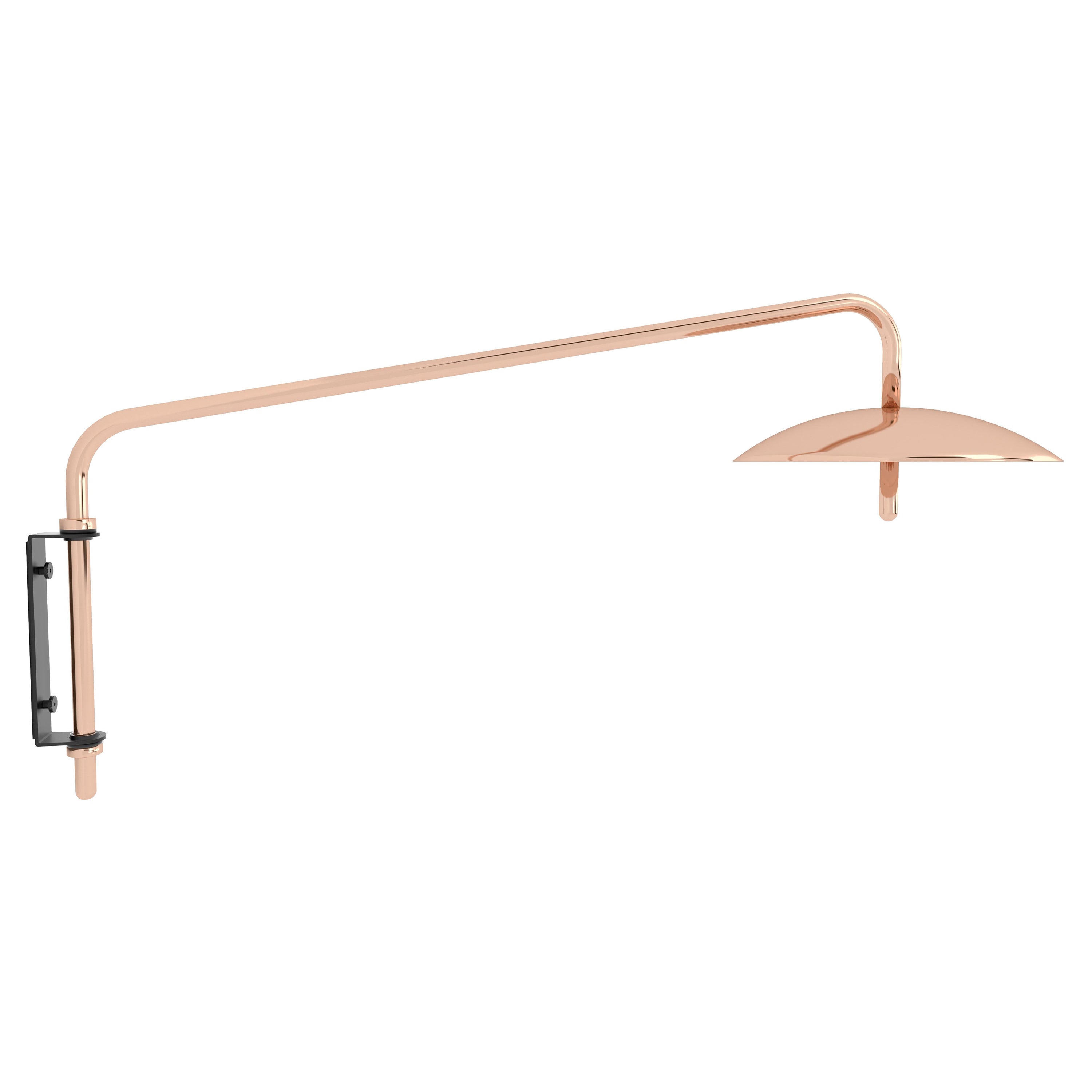 The Signal arm sconce is a rotatable sconce that seamlessly blend the Mid-Century Modern aesthetic with that of science fiction. A bent aluminum tube cantilevers from a wall-mounted bracket to allow the spun shade to hover above any interior. Clean,