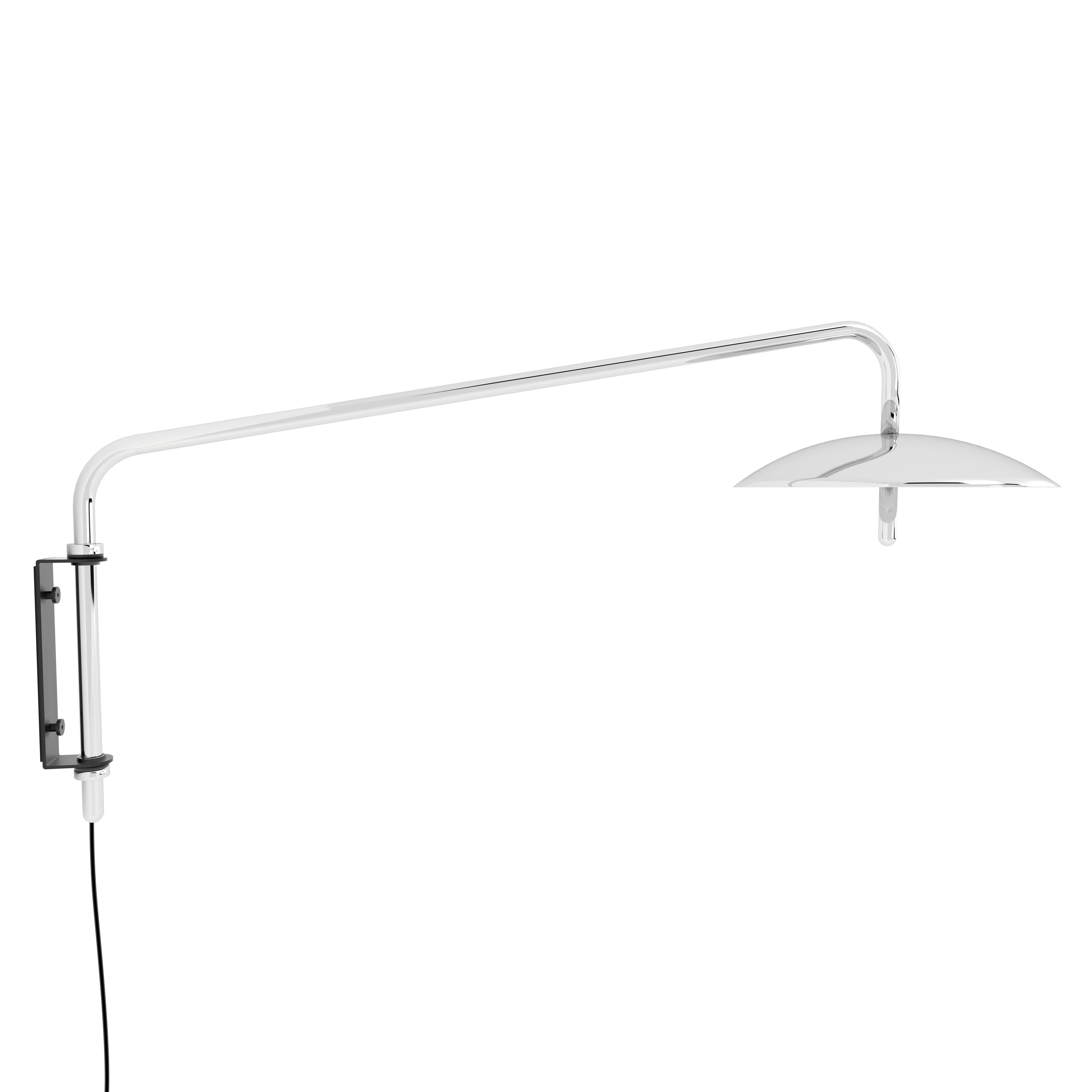 The signal arm sconce is a rotatable sconce that seamlessly blend the Mid-Century Modern aesthetic with that of science fiction. A bent aluminium tube cantilevers from a wall-mounted bracket to allow the spun shade to hover above any interior.