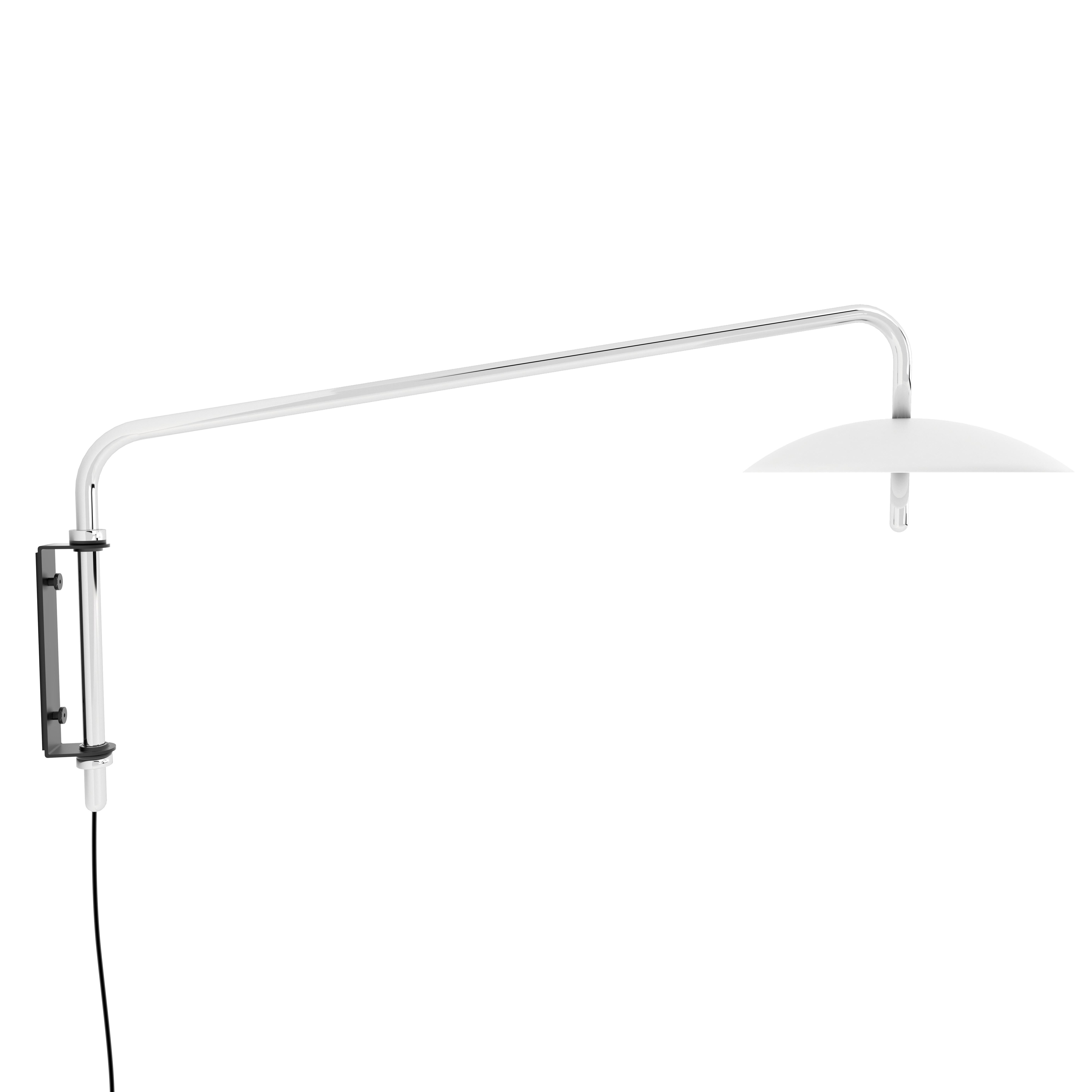 The signal arm sconce is a rotatable sconce that seamlessly blend the Mid-Century Modern aesthetic with that of science fiction. A bent aluminum tube cantilevers from a wall-mounted bracket to allow the spun shade to hover above any interior. Clean,