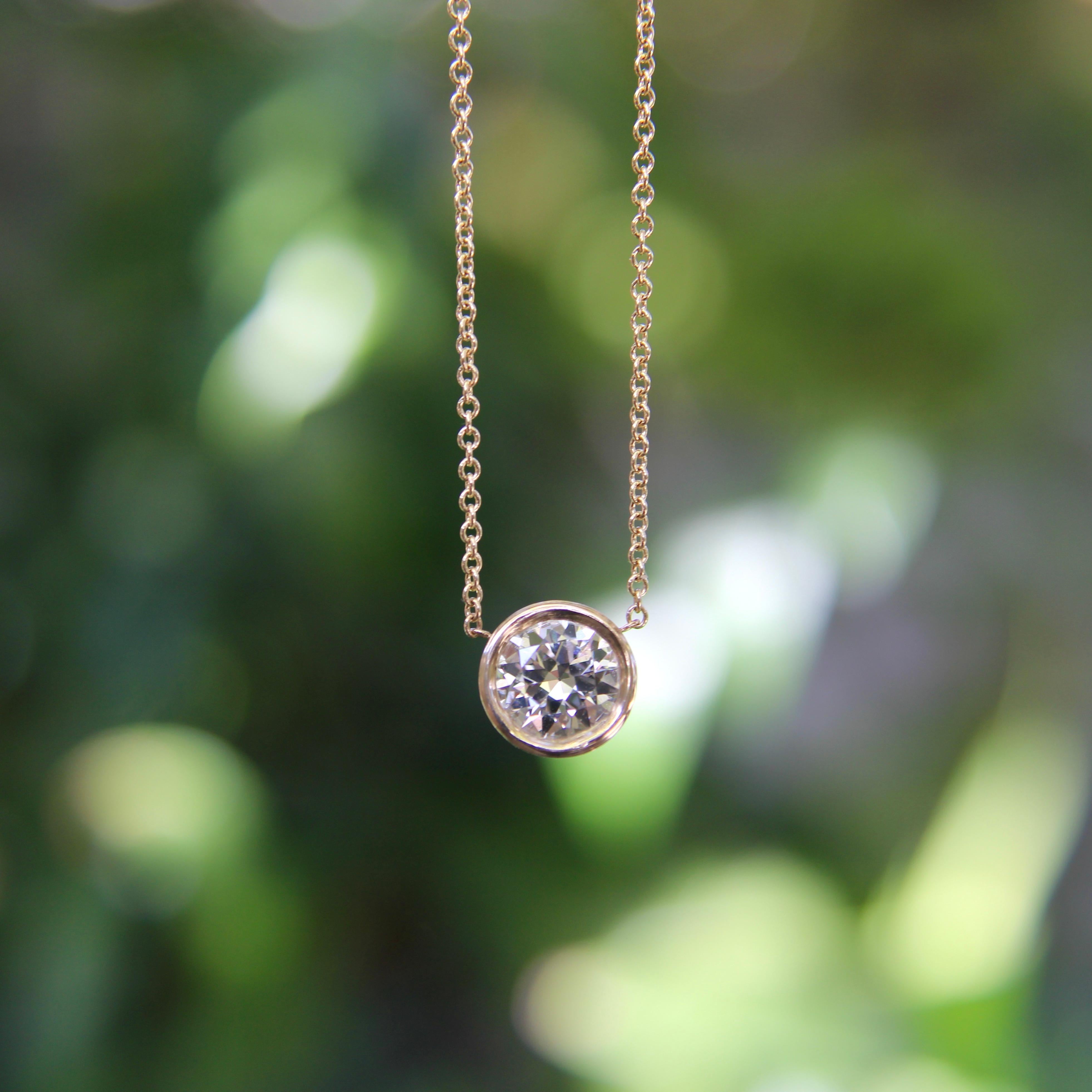 Signature 14K Gold Bezel Set Old European Cut Diamond 16” Necklace in vendita 4