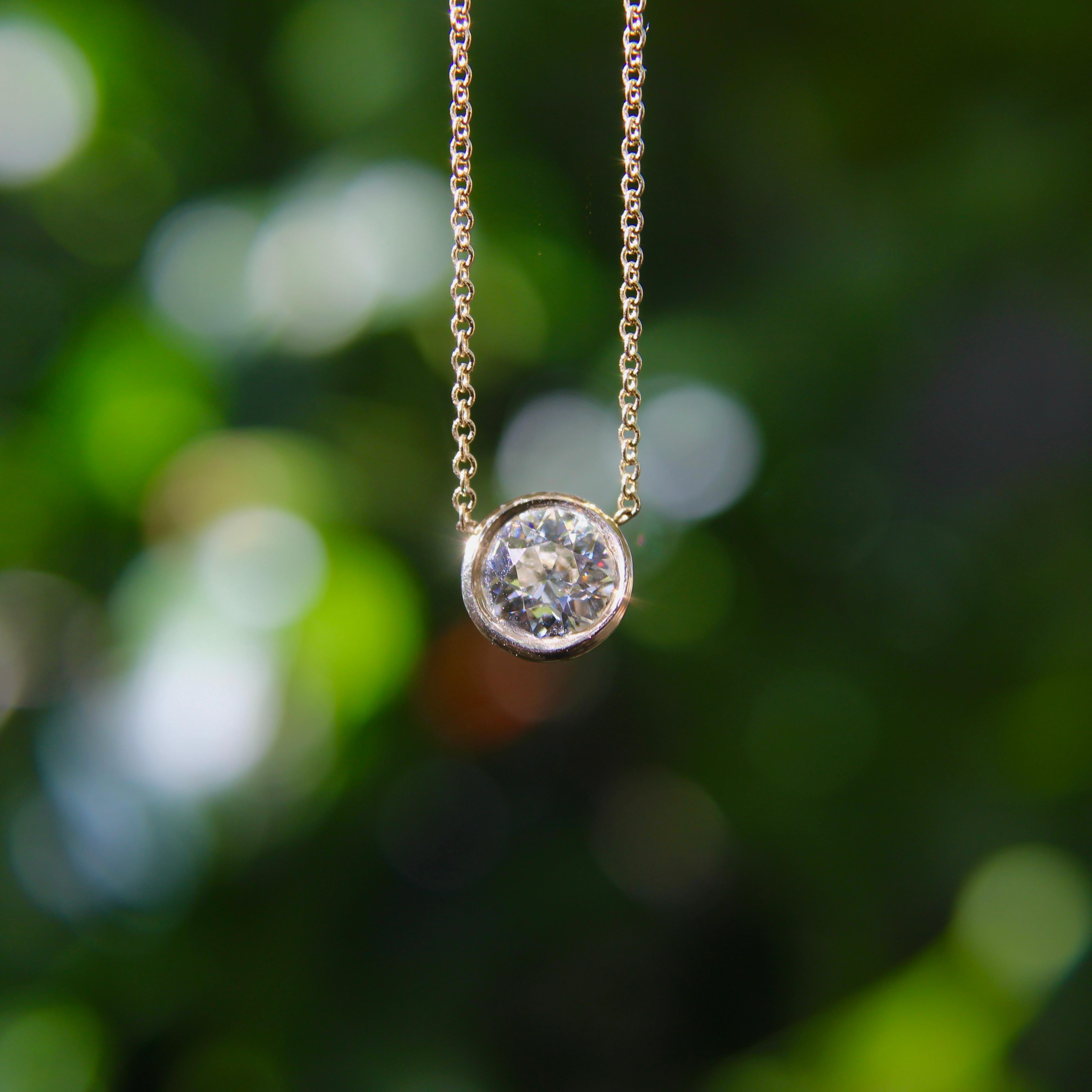 Signature 14K Gold Bezel Set Old European Cut Diamond 18” Necklace in vendita 4