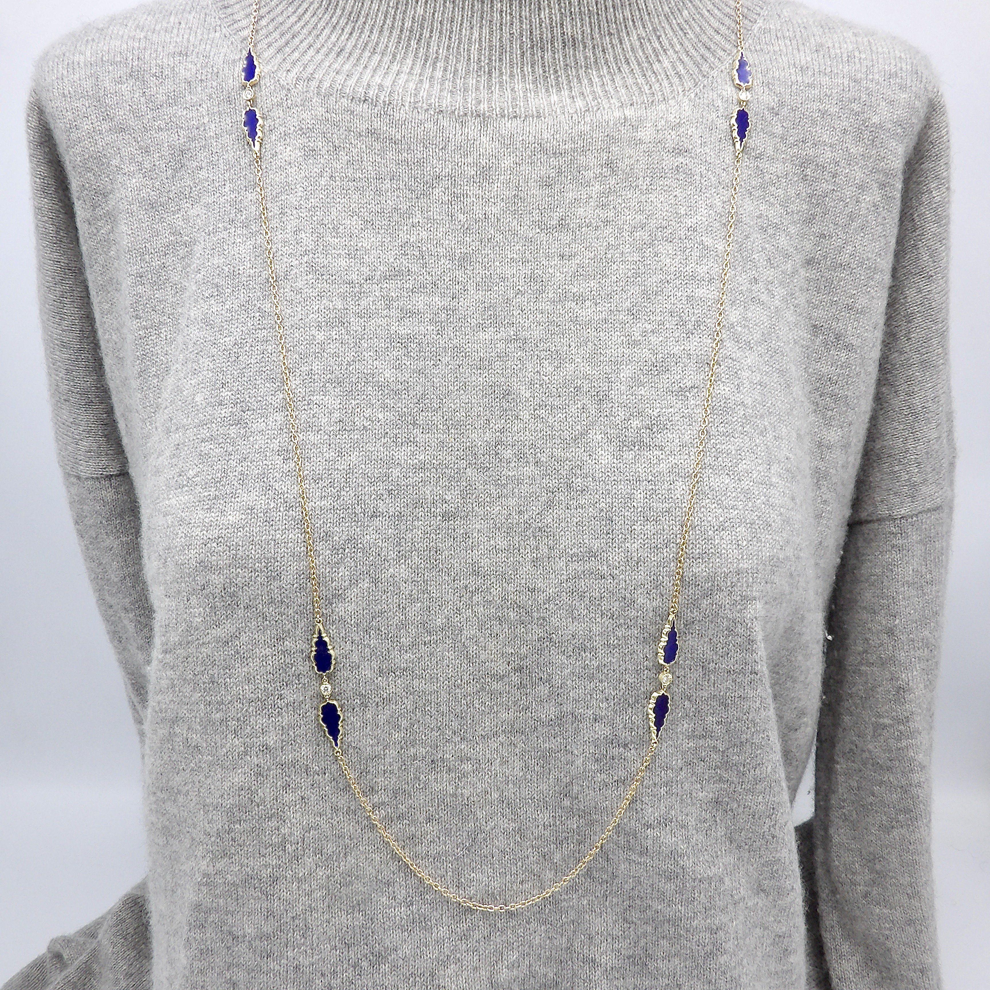 Signature 14K Gold Gothic Teardrop Diamond and Enamel Long Station Chain For Sale 4