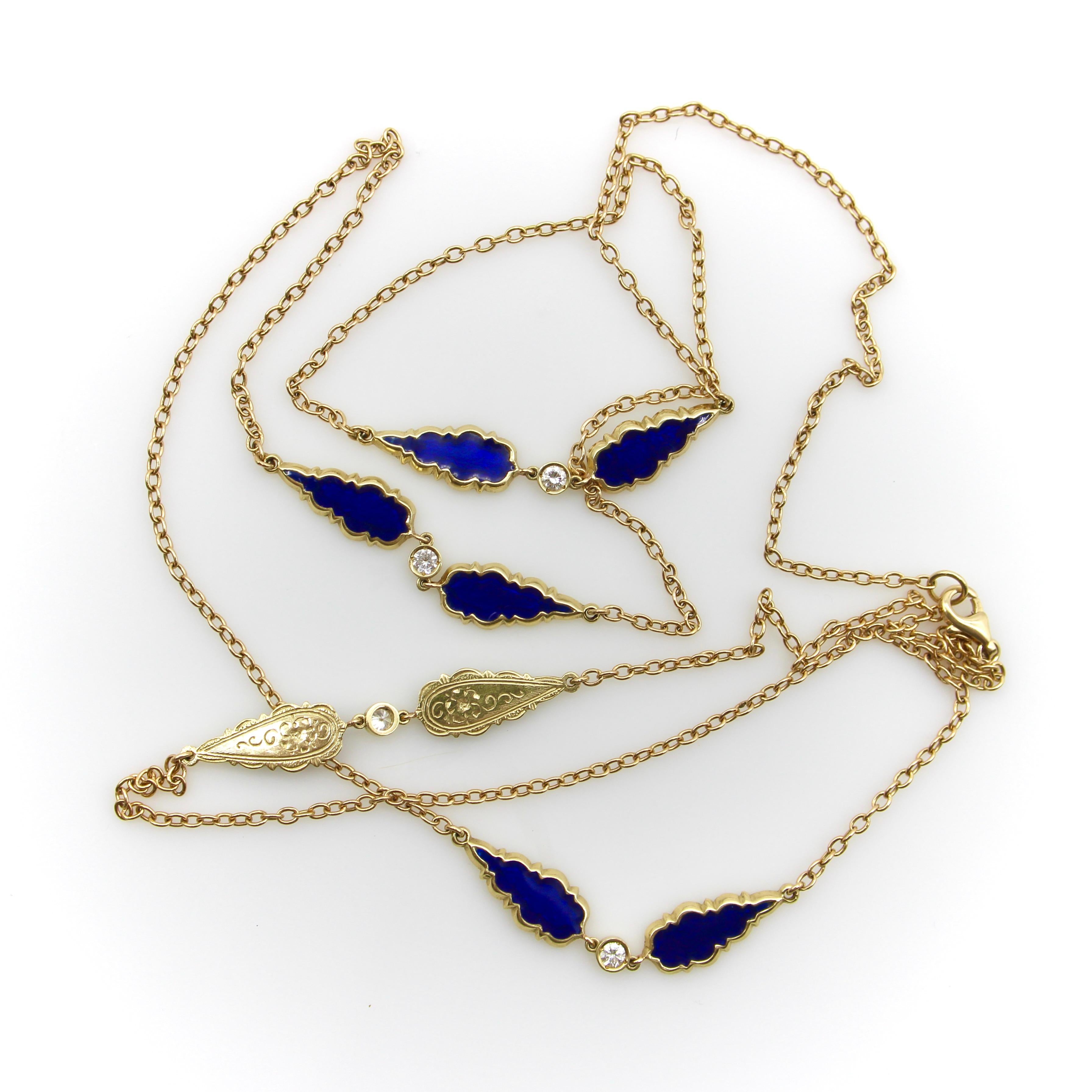 Modern Signature 14K Gold Gothic Teardrop Diamond and Enamel Long Station Chain For Sale
