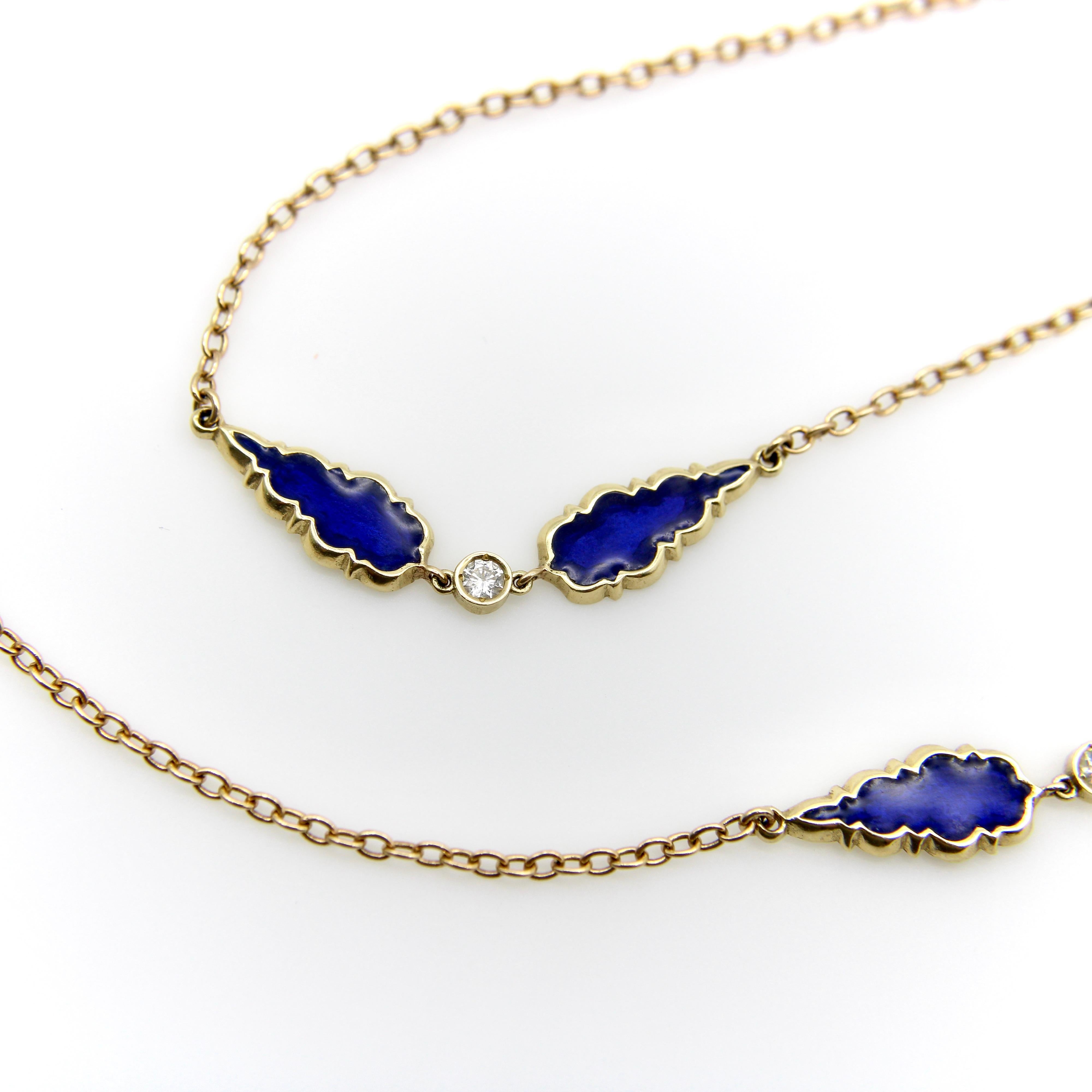 Round Cut Signature 14K Gold Gothic Teardrop Diamond and Enamel Long Station Chain For Sale