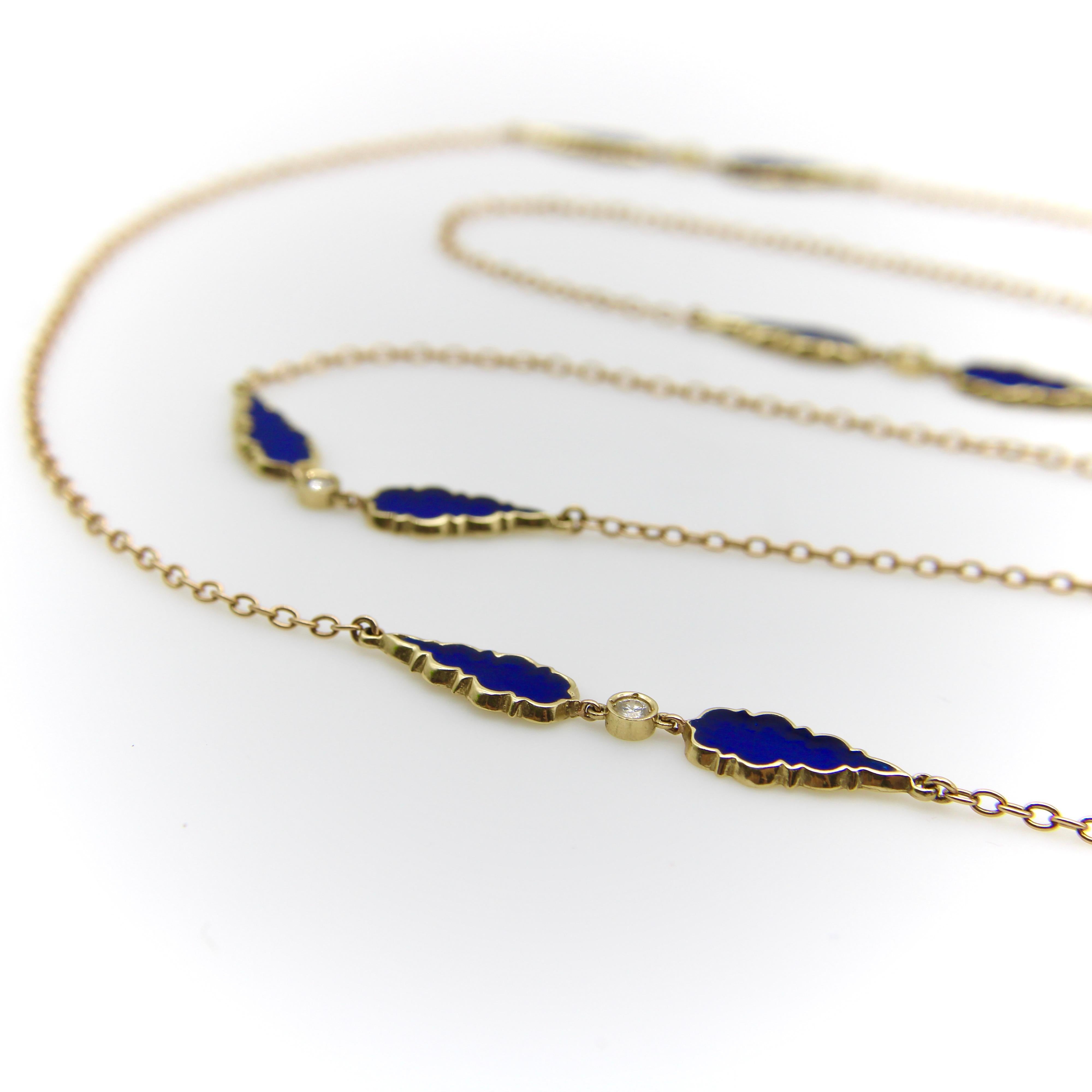 Women's or Men's Signature 14K Gold Gothic Teardrop Diamond and Enamel Long Station Chain For Sale