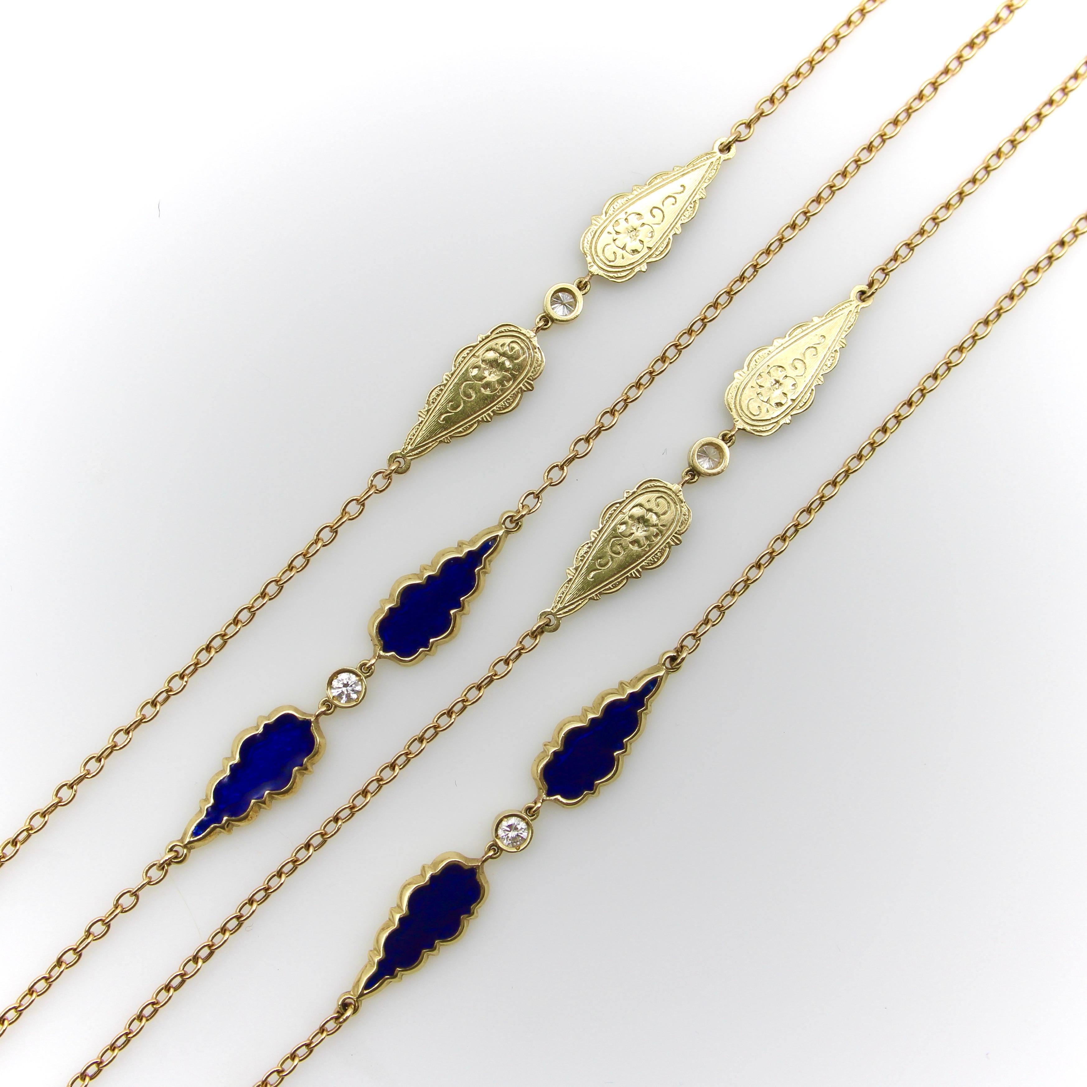 Signature 14K Gold Gothic Teardrop Diamond and Enamel Long Station Chain For Sale 1
