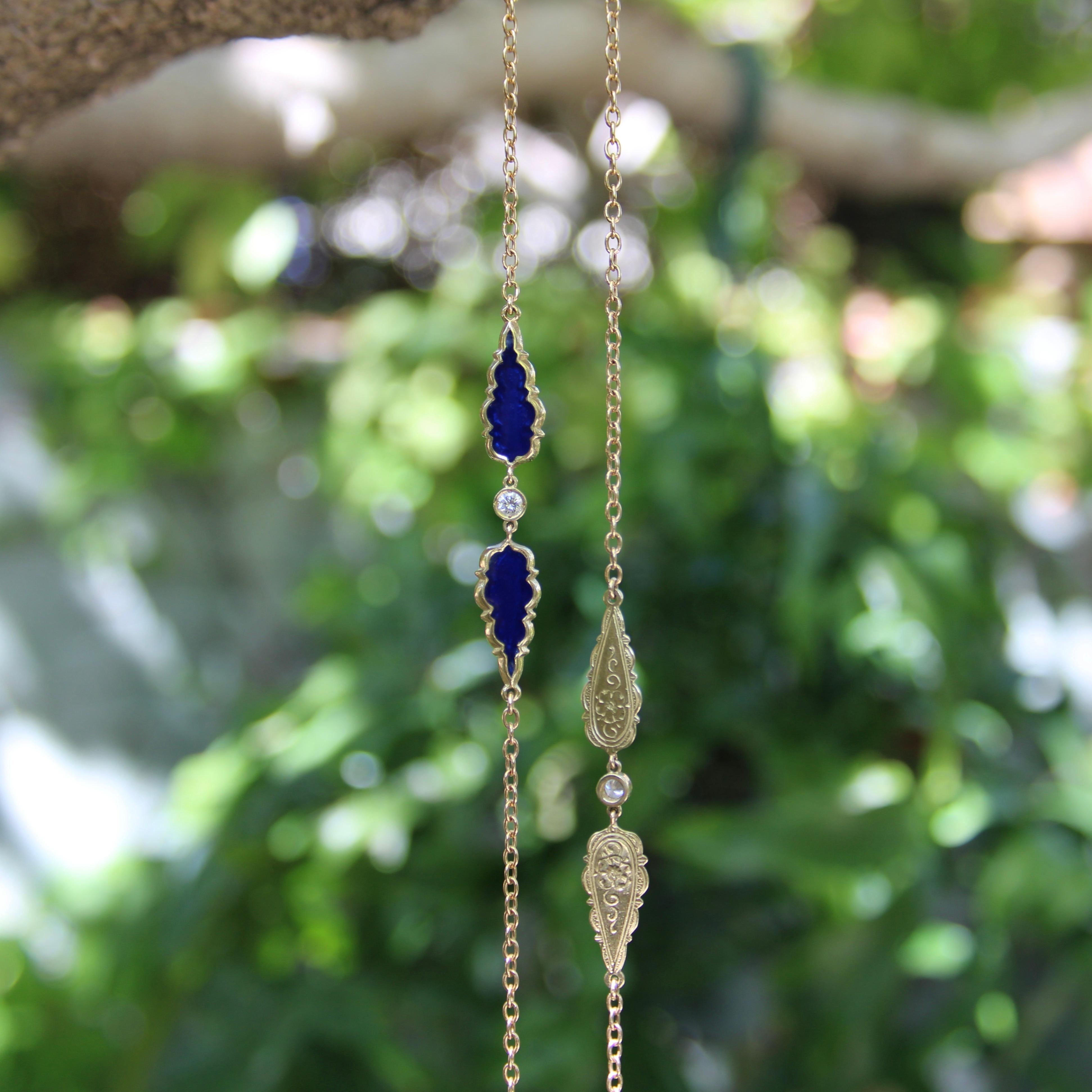 Signature 14K Gold Gothic Teardrop Diamond and Enamel Long Station Chain For Sale 2