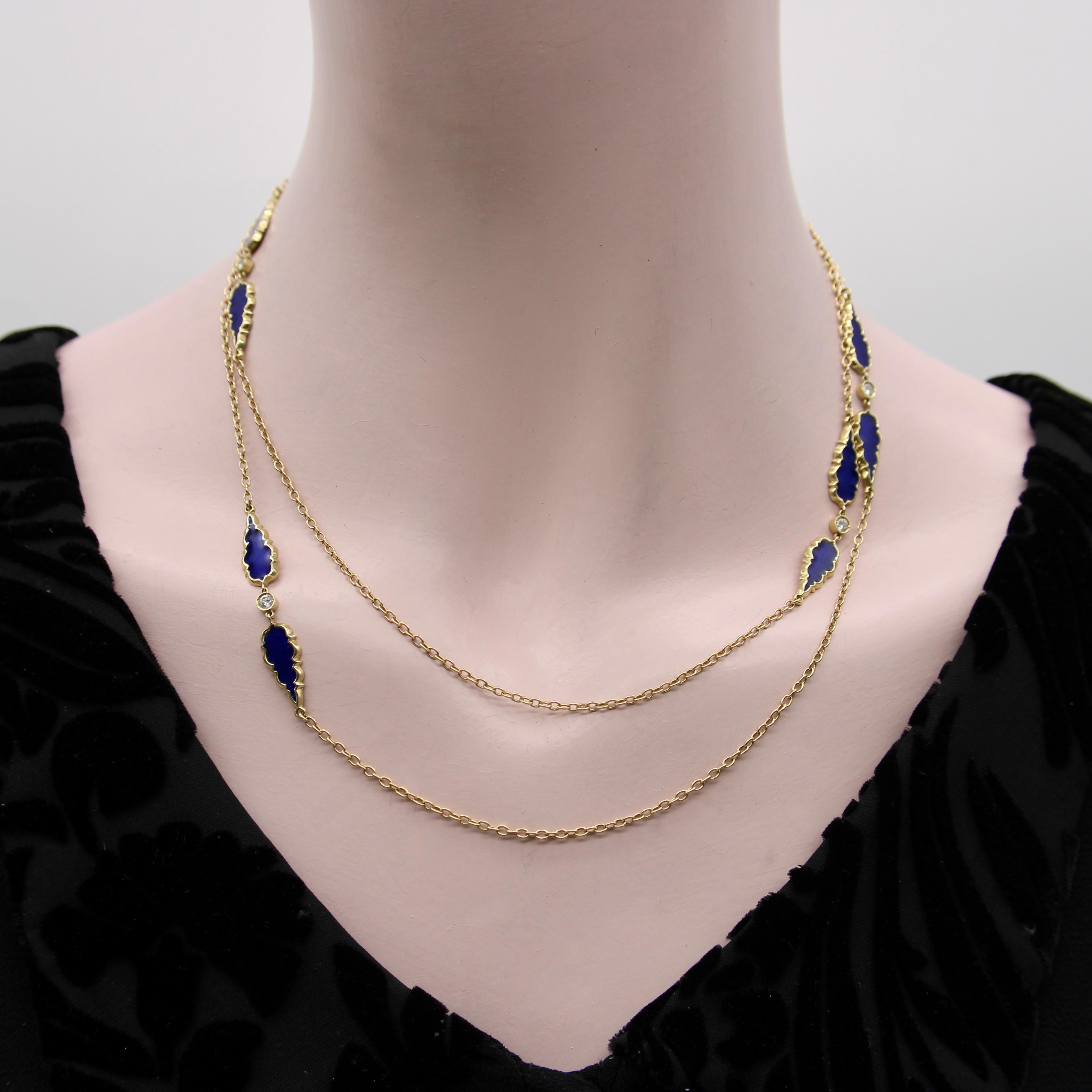 Signature 14K Gold Gothic Teardrop Diamond and Enamel Long Station Chain For Sale 3