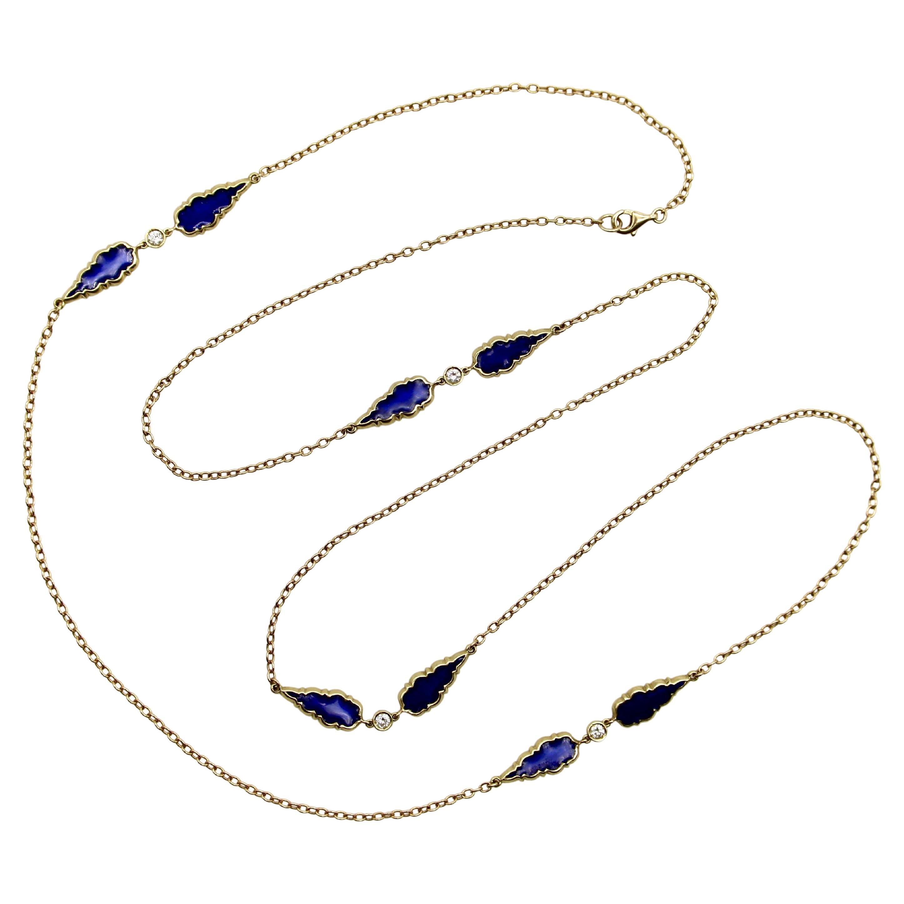 Signature 14K Gold Gothic Teardrop Diamond and Enamel Long Station Chain For Sale