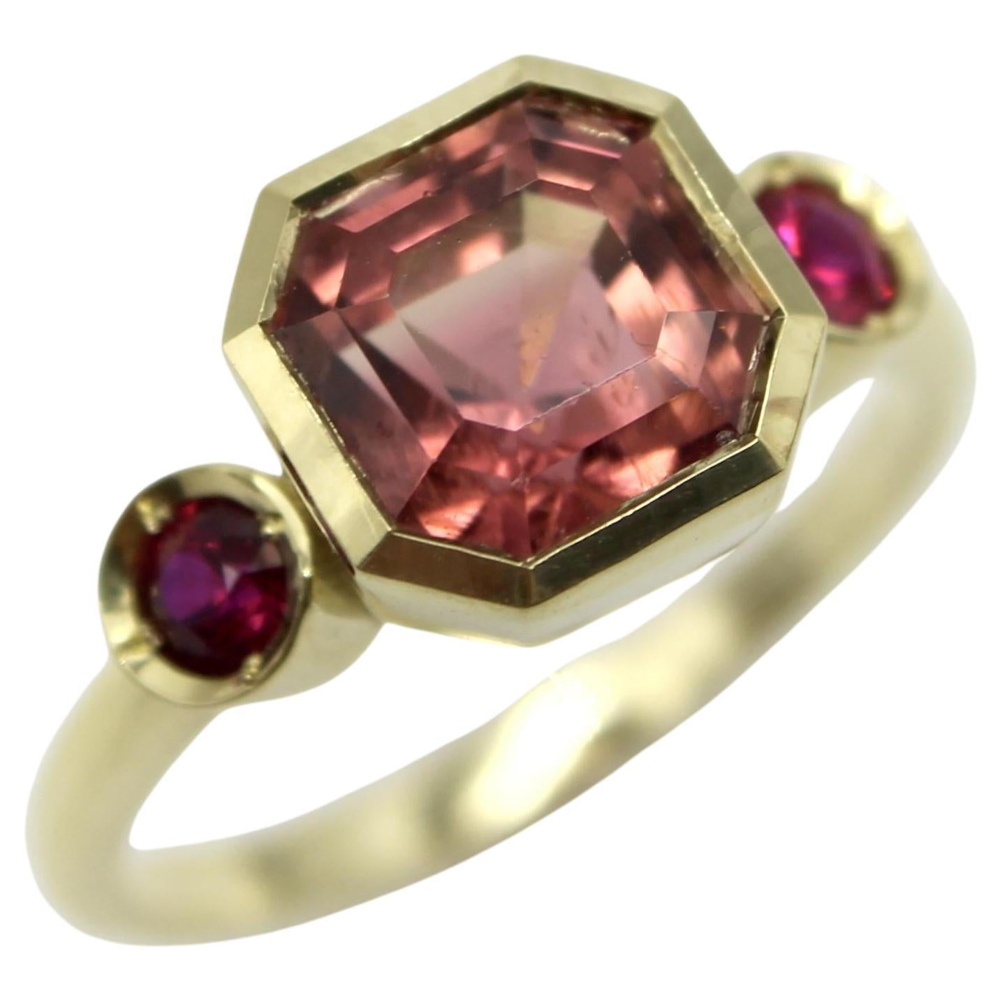 Signature 18K Gold Peach Tourmaline and Ruby Three-Stone Ring