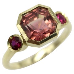 Signature 18K Gold Peach Tourmaline and Ruby Three-Stone Ring