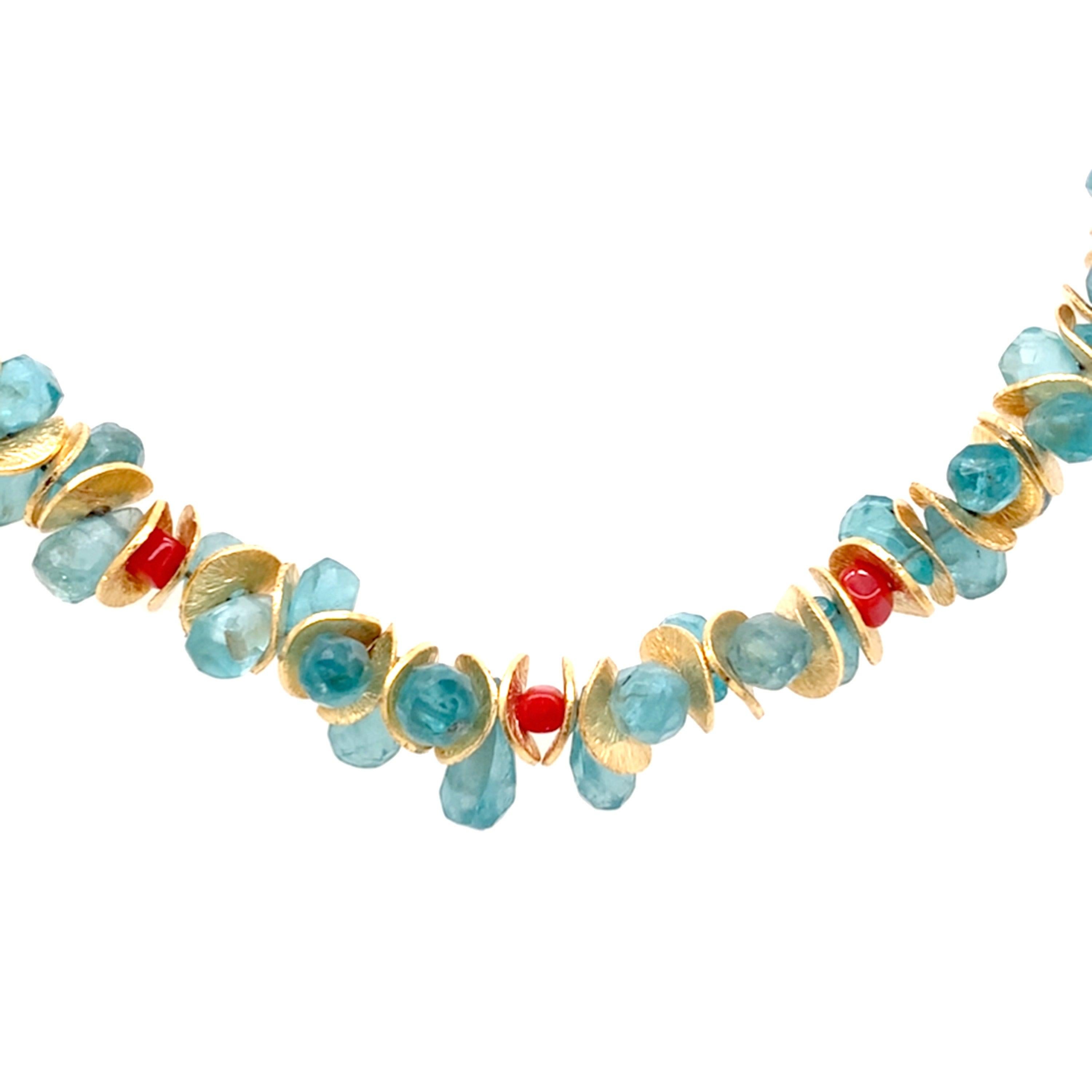 My signature bracelet using aqua apatite briolettes with spots of smooth coral beads.  There are also 22K gold vermeil details finished with a 14K gold filled spring ring clasp.

This item is made to order, the one pictured is 7.25