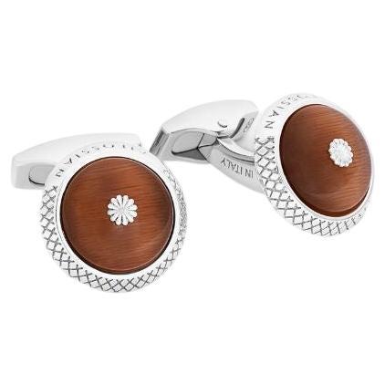 Signature Chrysanthemum Dome Cufflinks with Tiger Eye in Sterling Silver