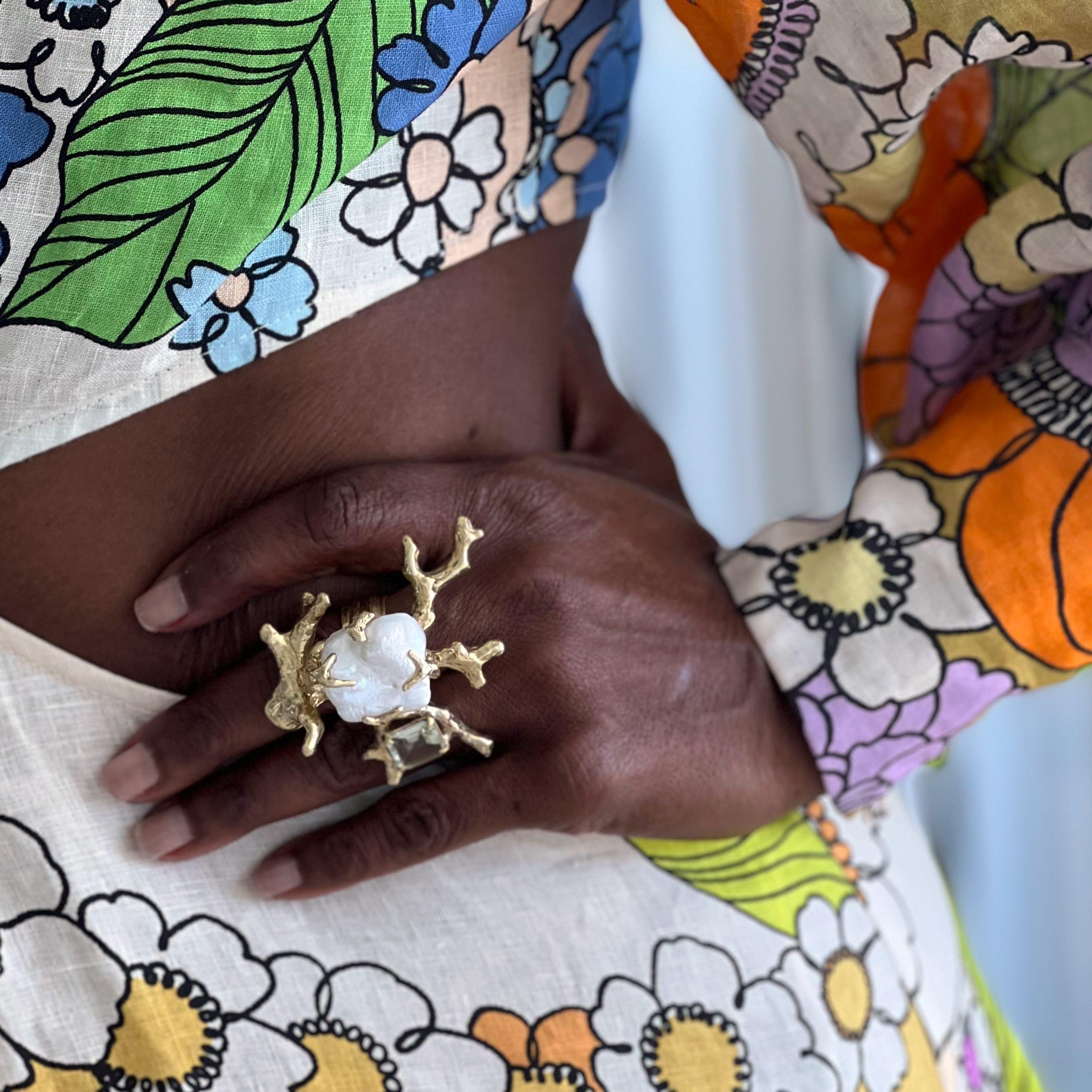 For Sale:  Signature Coral Ring in Pearl and Prasiolite and Sterling Silver 2