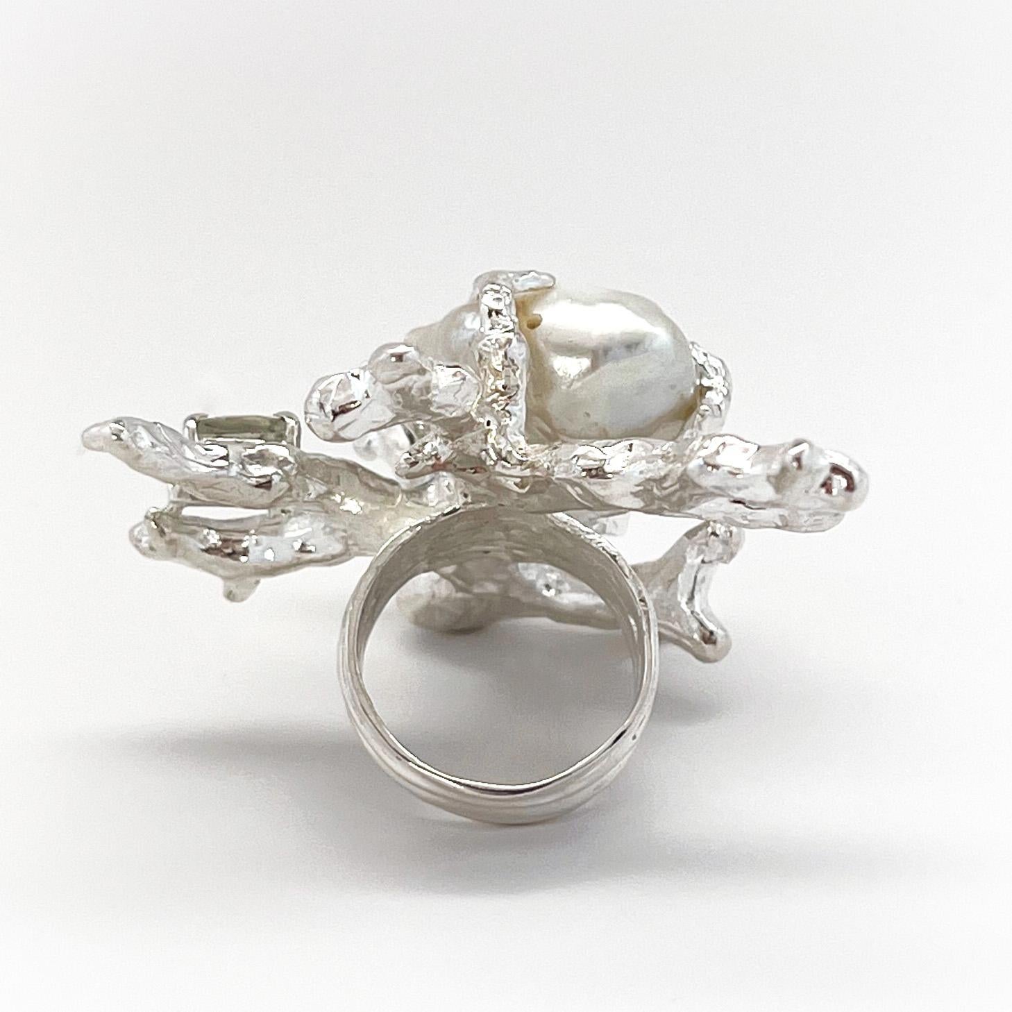 For Sale:  Signature Coral Ring in Pearl and Prasiolite and Sterling Silver 7