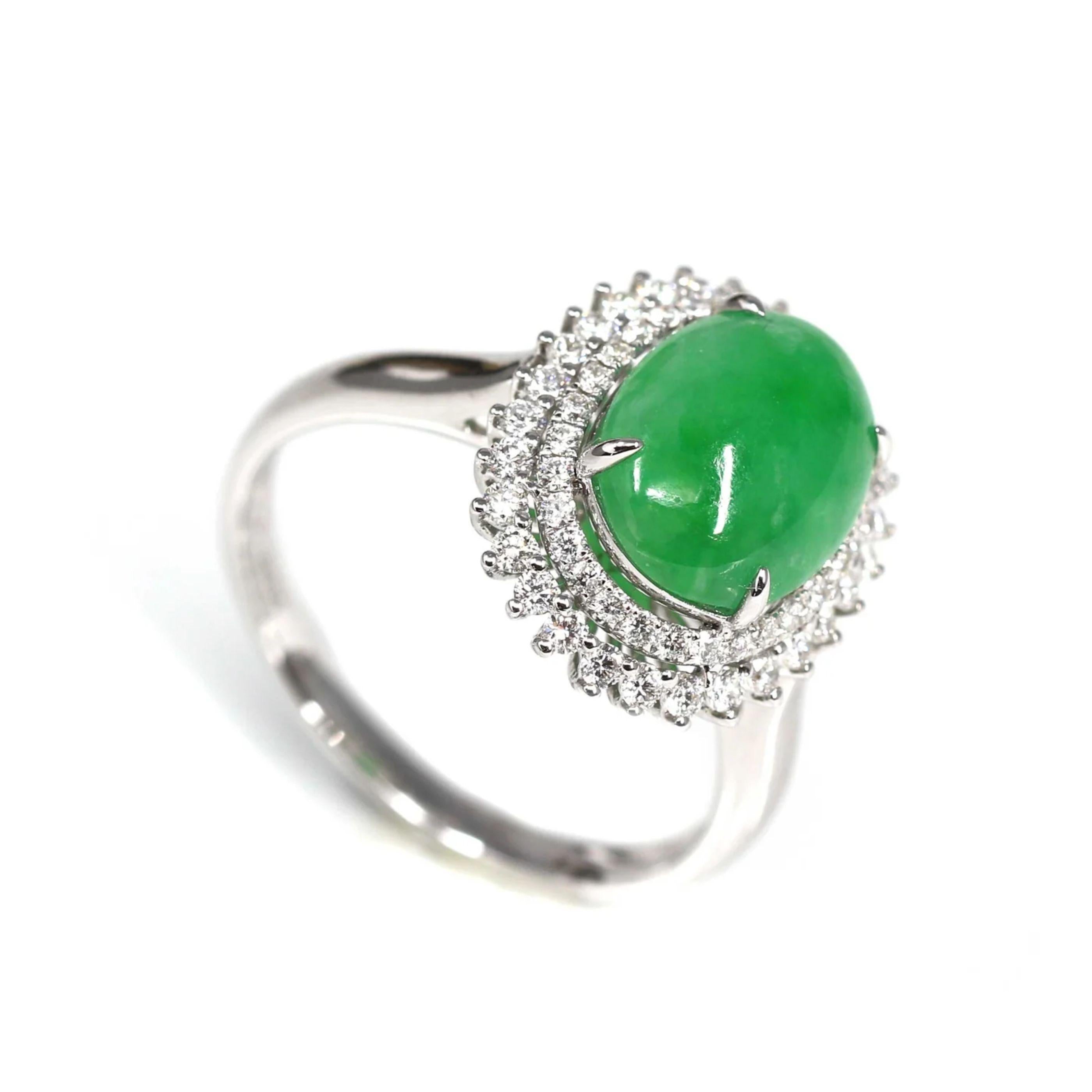 * ORIGINAL DESIGN --- Inspired by the natural beauty of genuine Burmese Imperial Green Jadeite, the rich, beautiful apple green color is found on no other stone. This one of a kind engagement ring combines the natural beauty of the extremely rare