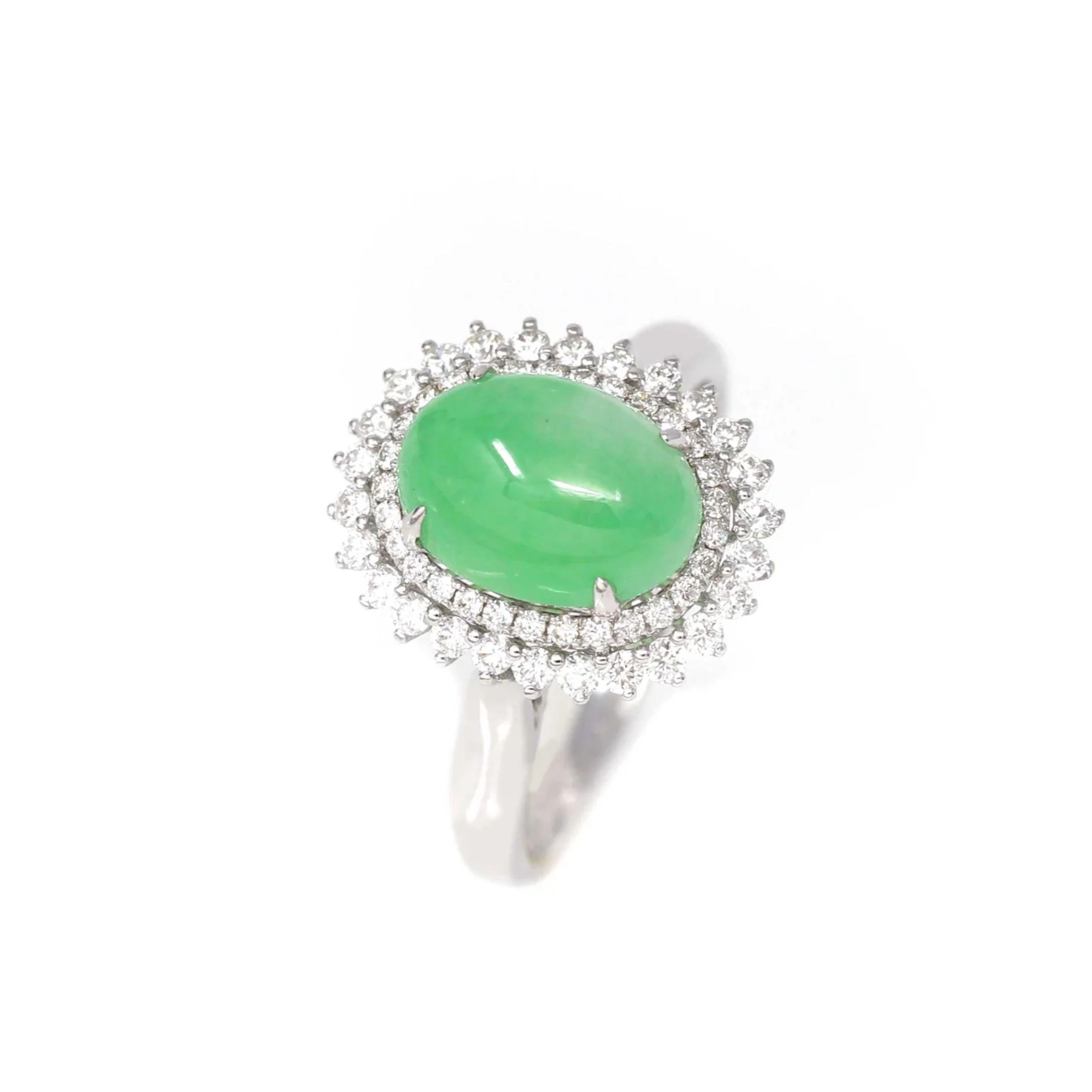 ORIGINAL DESIGN --- Inspired by the natural beauty of genuine Burmese Imperial Green Jadeite, the rich, beautiful apple green color is found on no other stone. This one of a kind engagement ring combines the natural beauty of the extremely rare gem