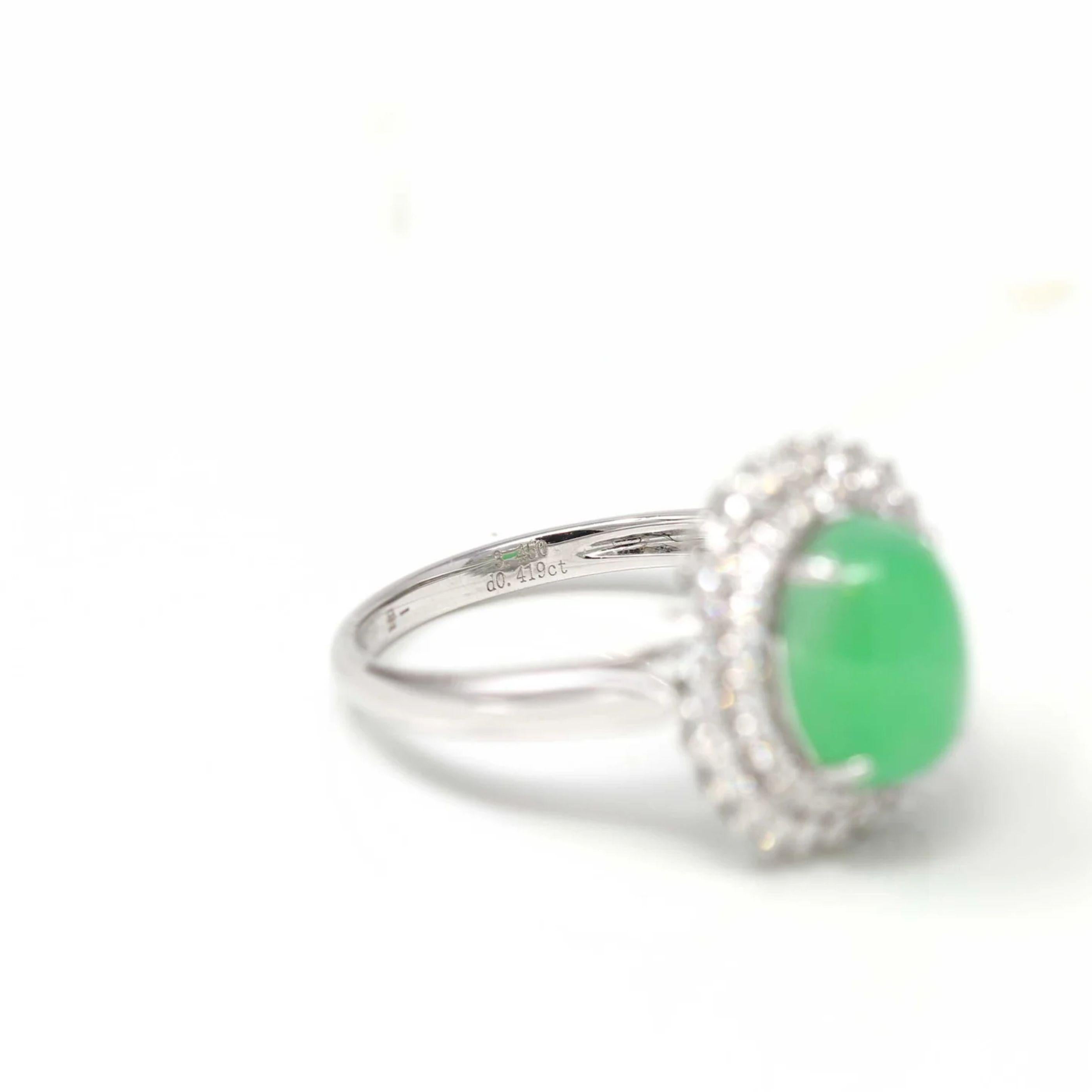 Signature Double Halo 18k White Gold Natural Imperial Green Jade Engagement Ring In New Condition For Sale In Portland, OR