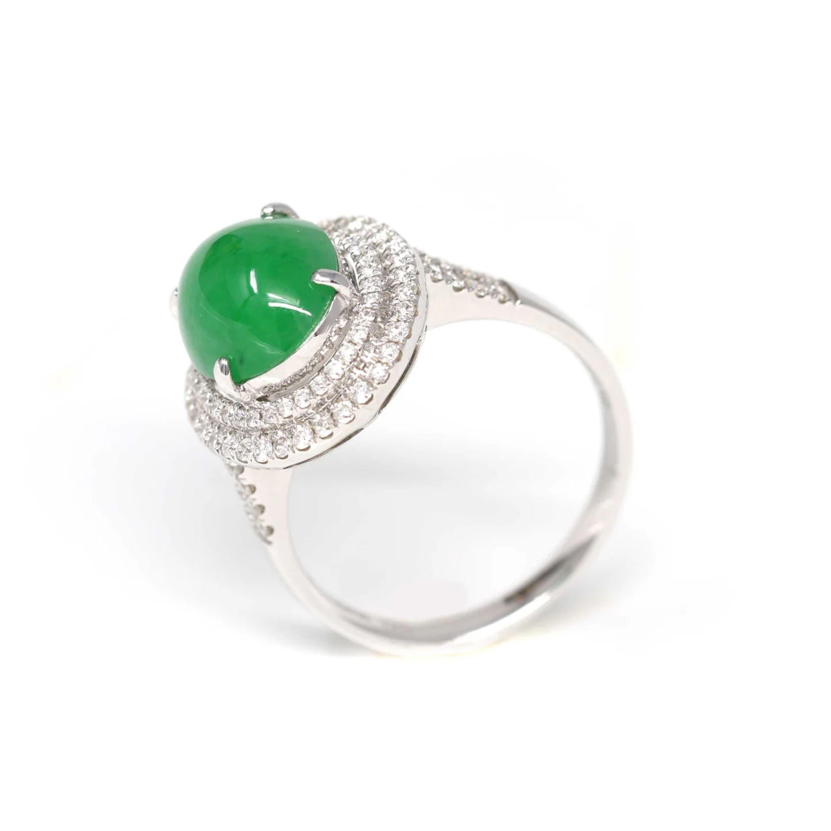 Artist Signature Double Halo 18k White Gold Natural Imperial Green Jade Engagement Ring For Sale