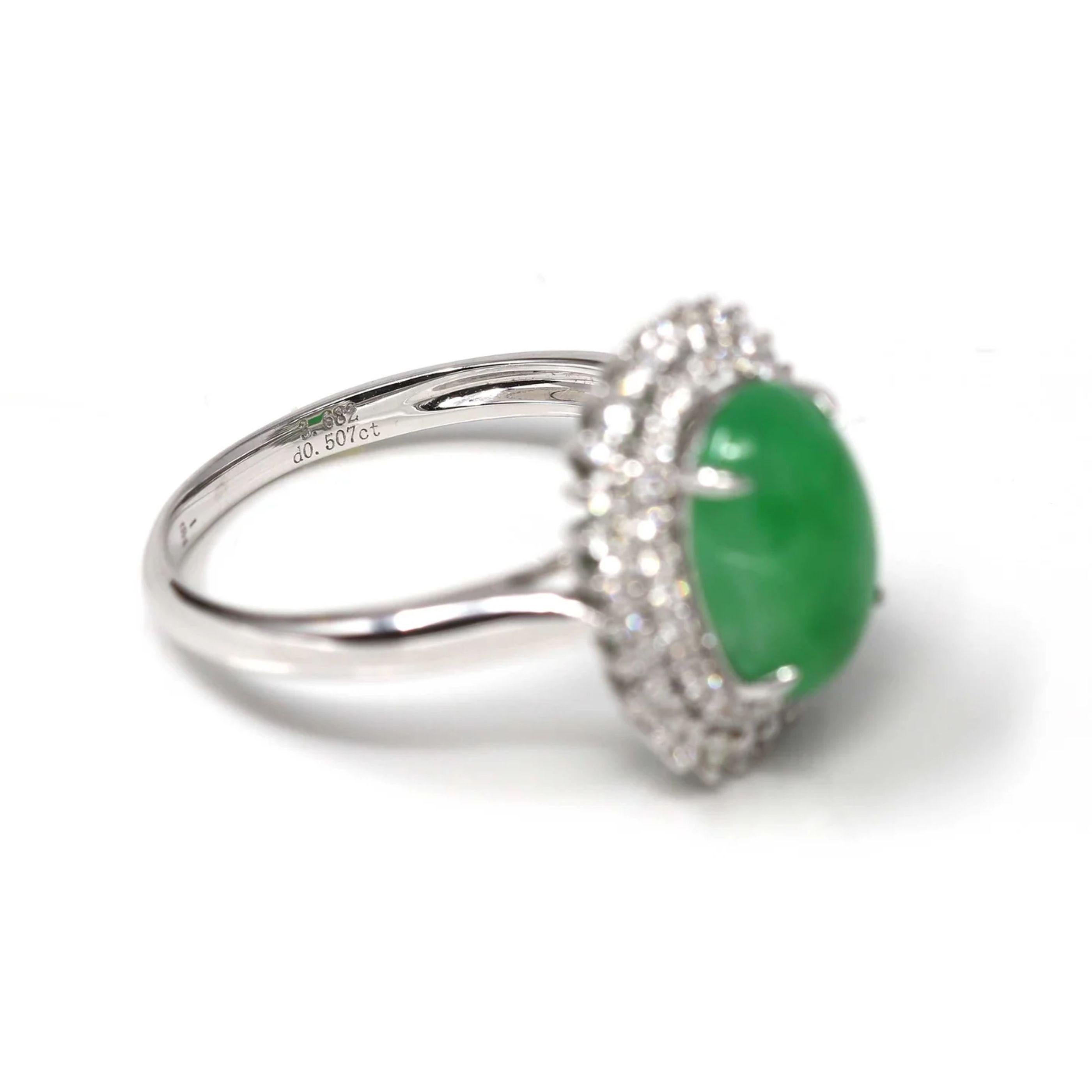 Artist Signature Double Halo 18k White Gold Natural Imperial Green Jade Engagement Ring For Sale