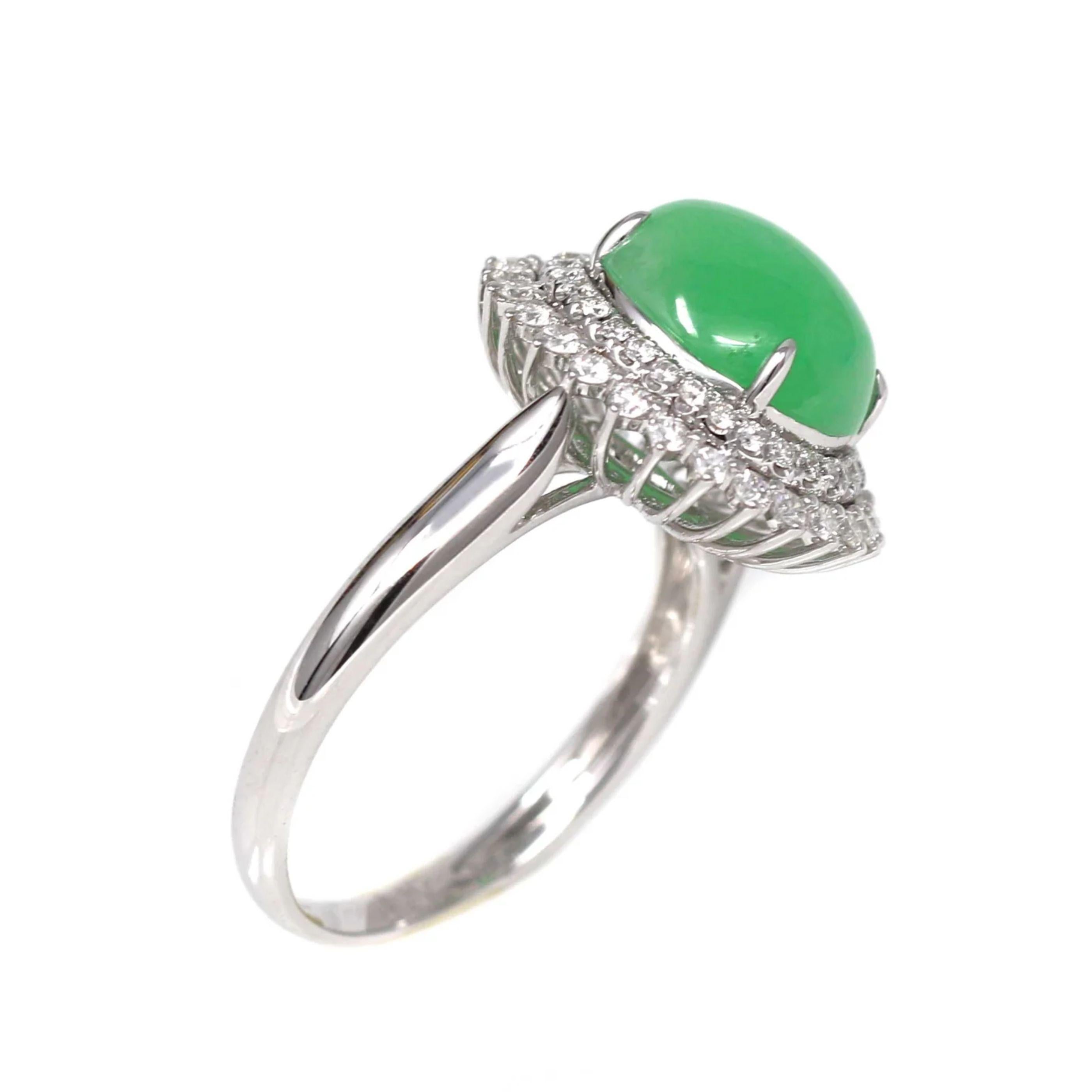 Women's Signature Double Halo 18k White Gold Natural Imperial Green Jade Engagement Ring For Sale