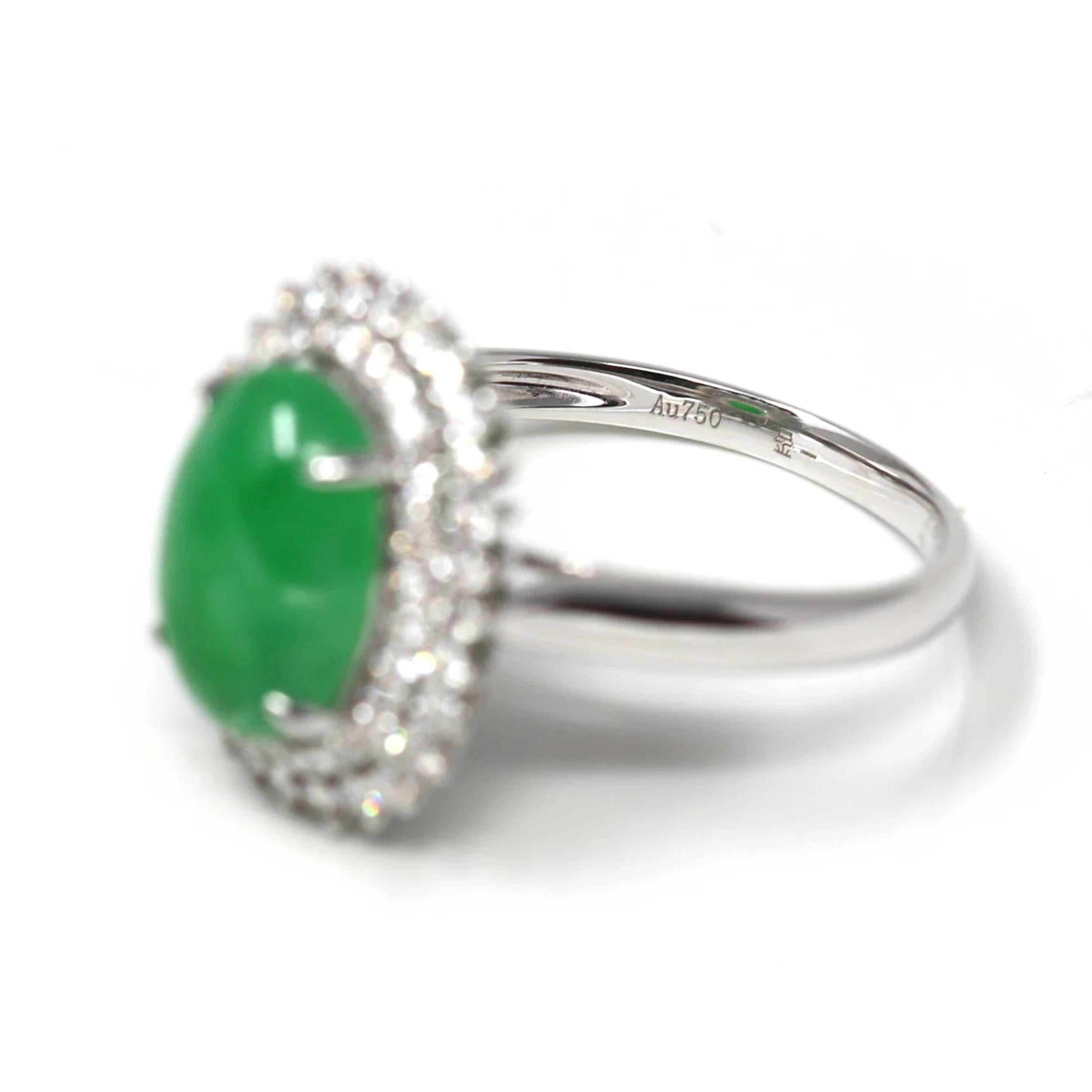 Cabochon Signature Double Halo 18k White Gold Natural Imperial Green Jade Engagement Ring For Sale