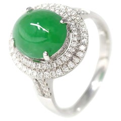 Signature Double Halo 18k White Gold Natural Imperial Green Jade Engagement Ring