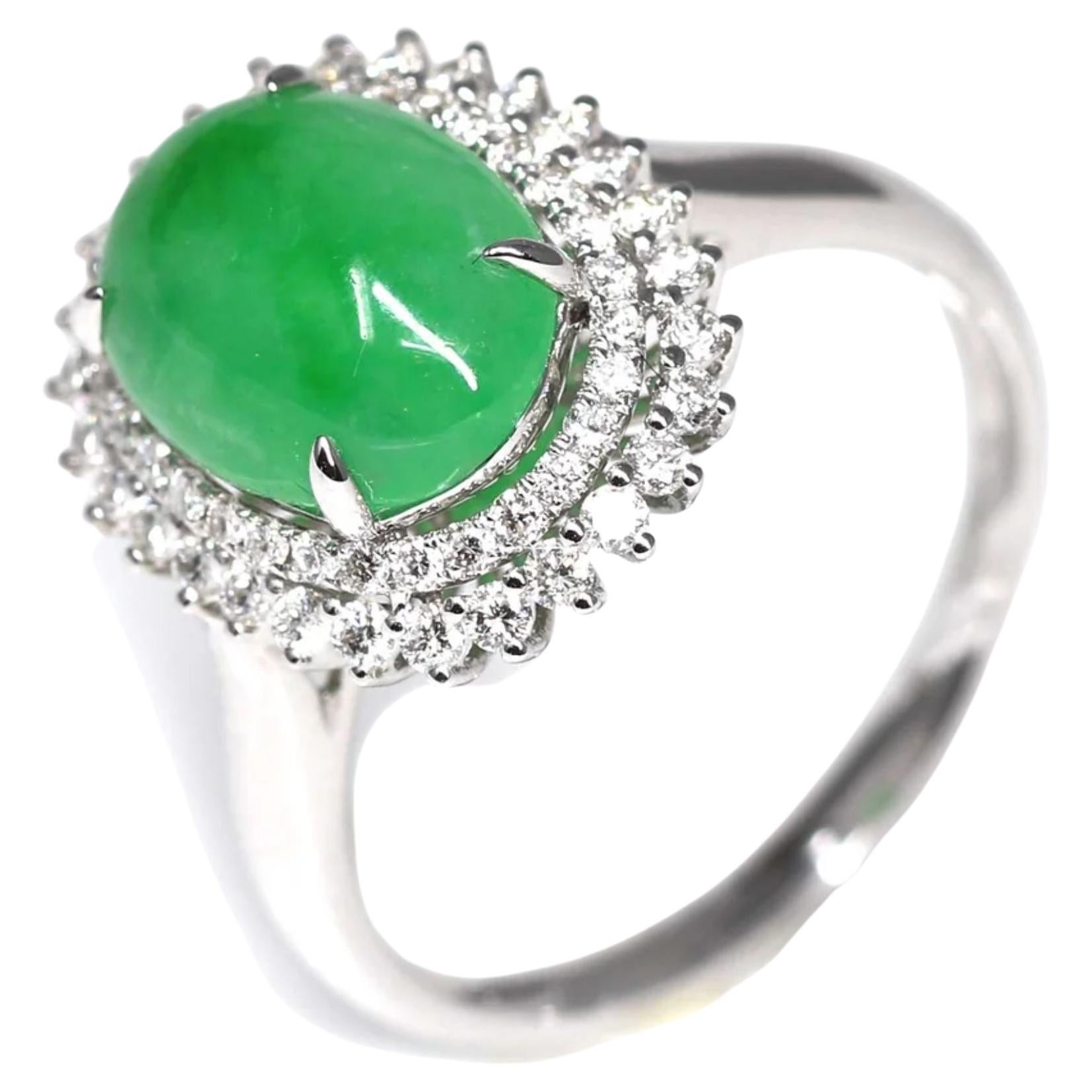 Signature Double Halo 18k White Gold Natural Imperial Green Jade Engagement Ring For Sale