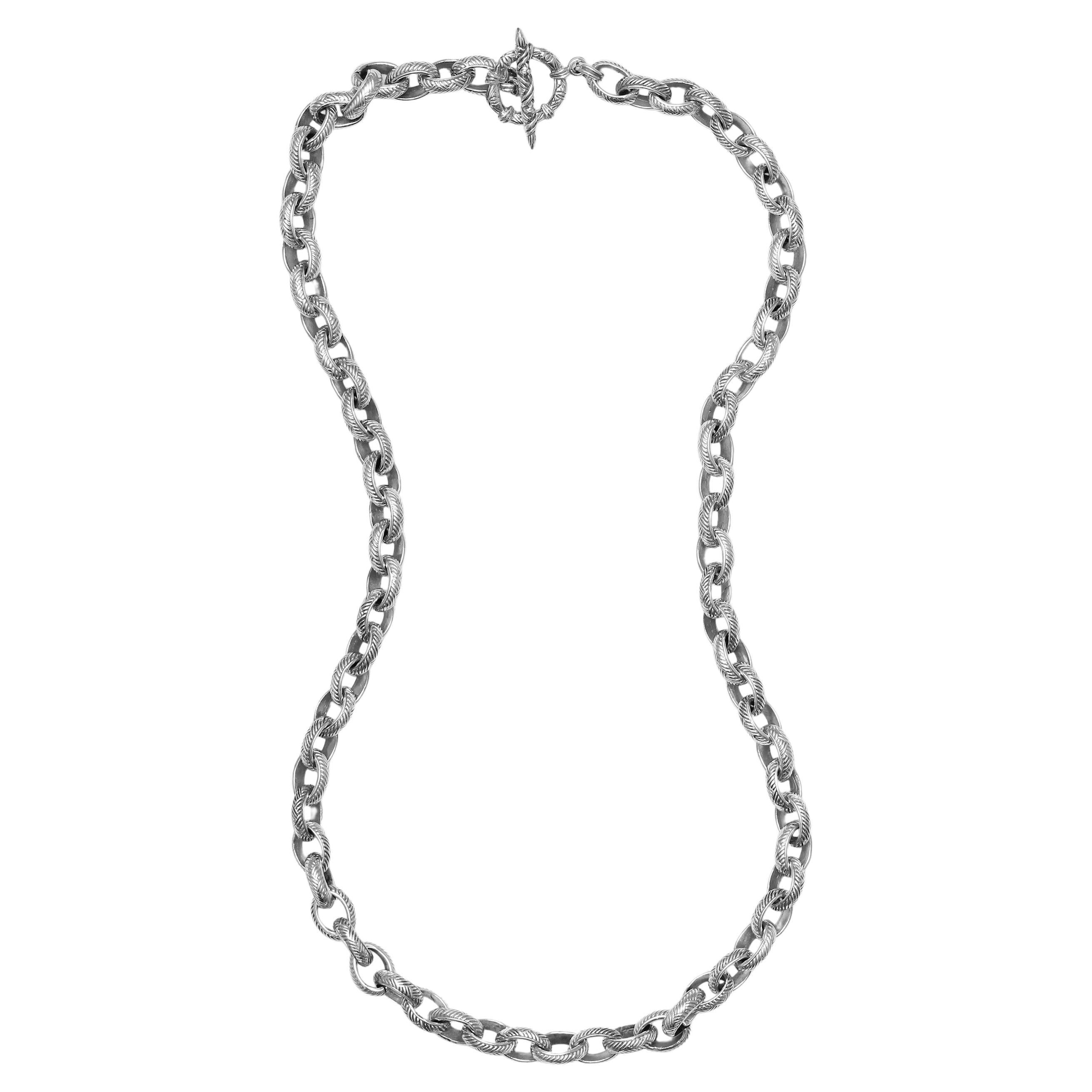Signature Engraved Weave Linked Sterling Silver Chain Necklace For Sale