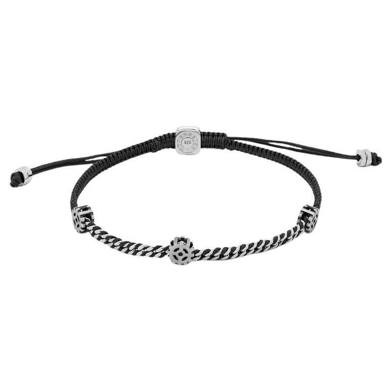 Signature Gear Bracelet in Black Macramé with Sterling Silver, Size L For Sale