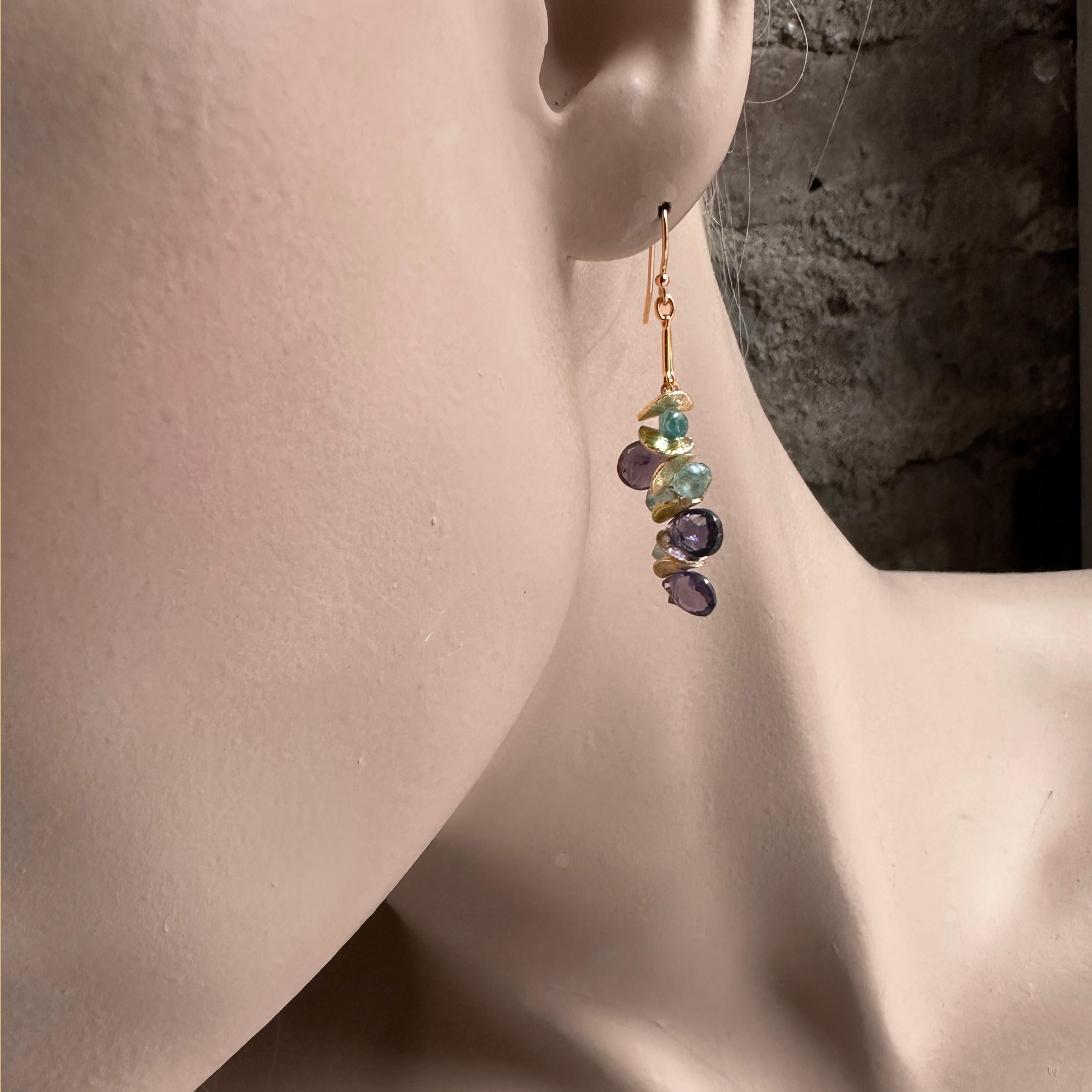 These signature hydrangea earrings boast exquisite details of purple/grey Iolite and aqua Apatite accented by 22K gold vermeil on 14K Gold Fill bar chain. 

An elegant 2
