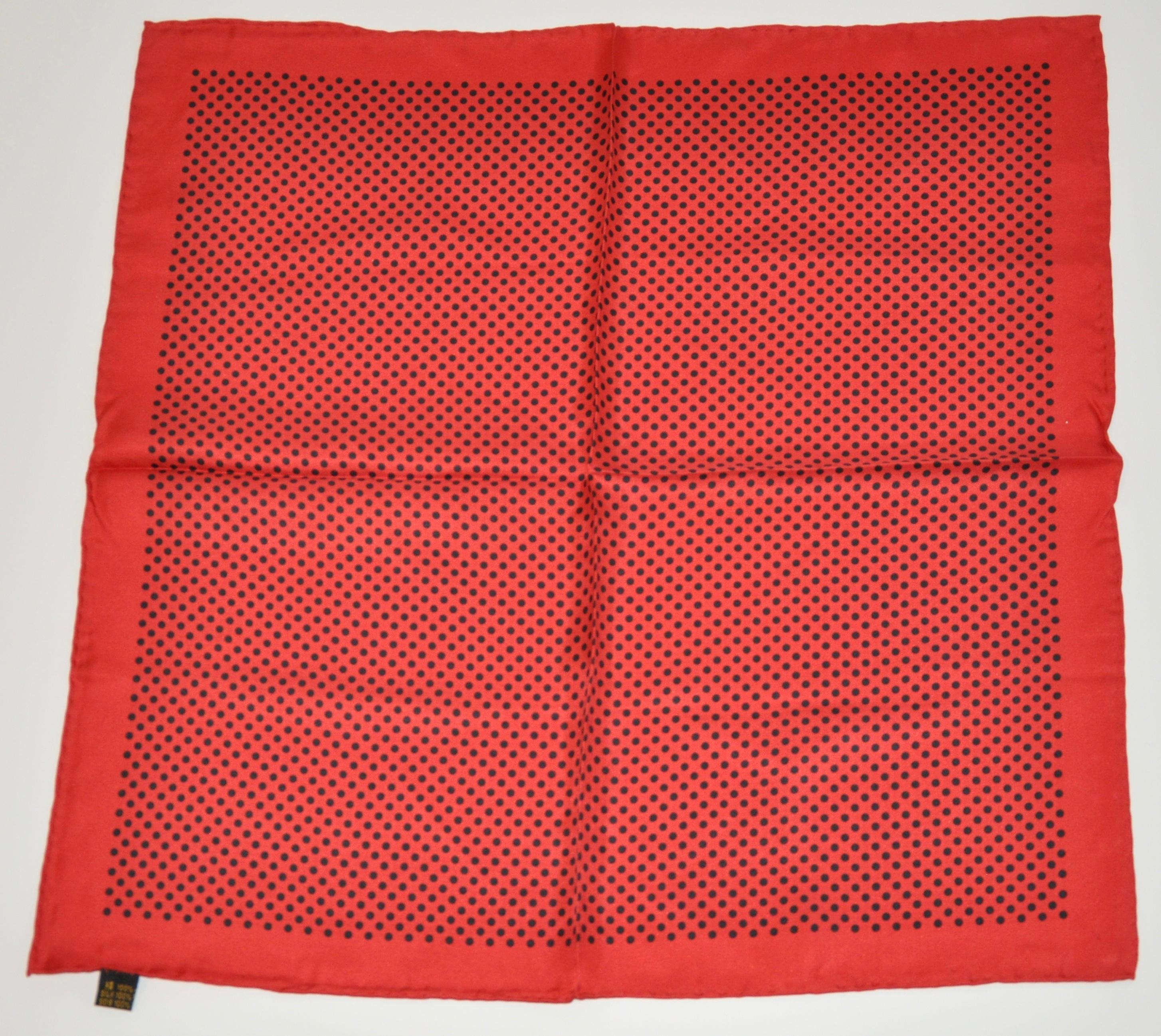     Signature Italian-Red and Black polka dot handkerchief with  hand-rolled edges, measures 20 inches by 20 inches. Made in Italy.