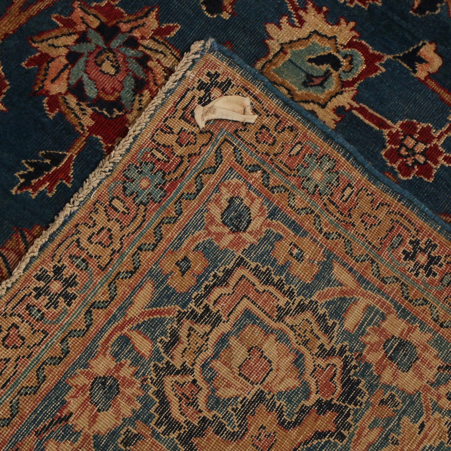 Hand-Knotted Antique Signature Kastikian Kerman Blue and Burgundy Wool Persian Rug