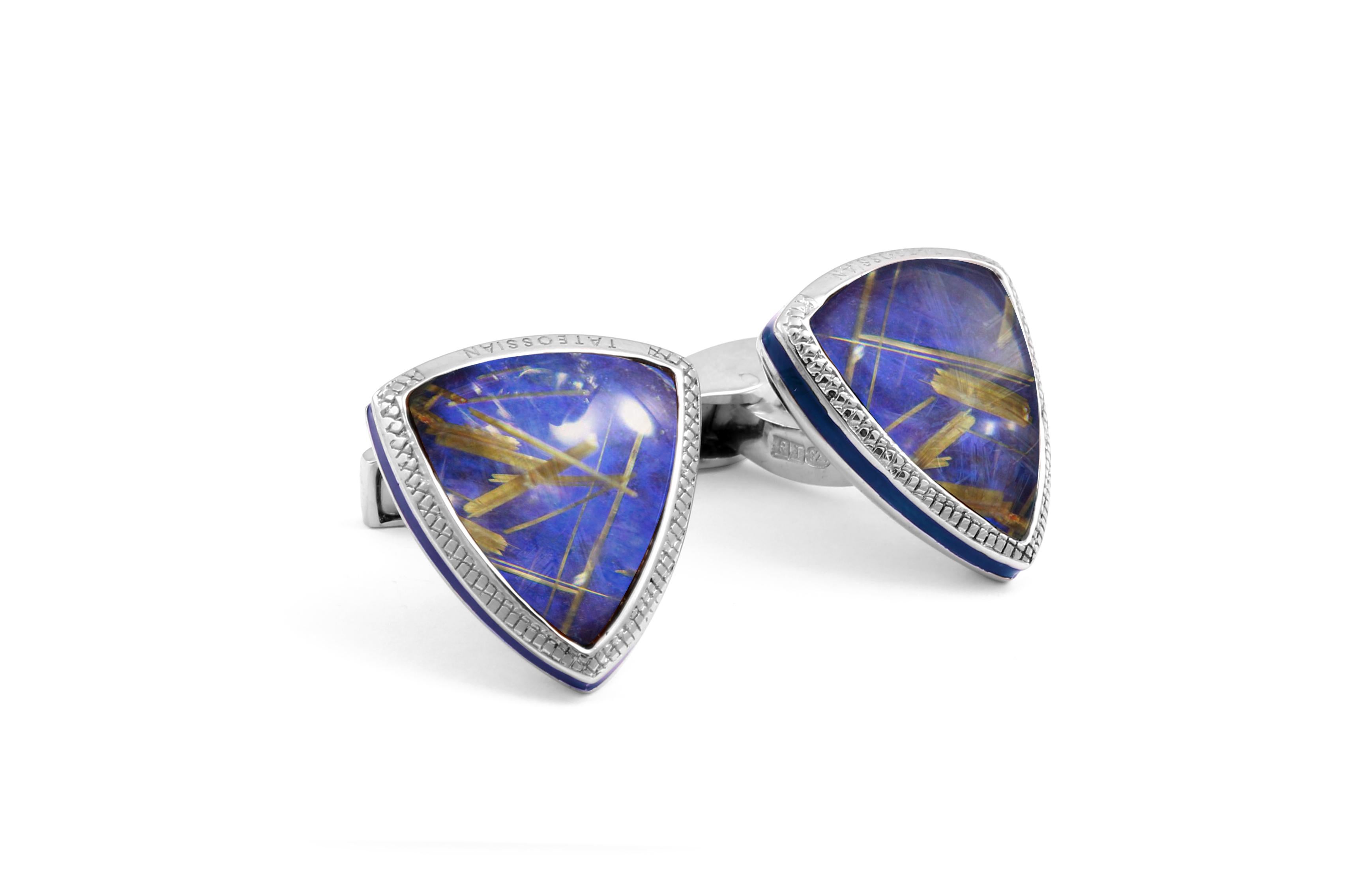 Our signature Tateossian case captures beautiful and unique Lapis backed rutilated quartz, making these limited edition cufflinks extremely eye - catching and luxurious. Rutilated quartz is a transparent quartz that features golden yellow rutile