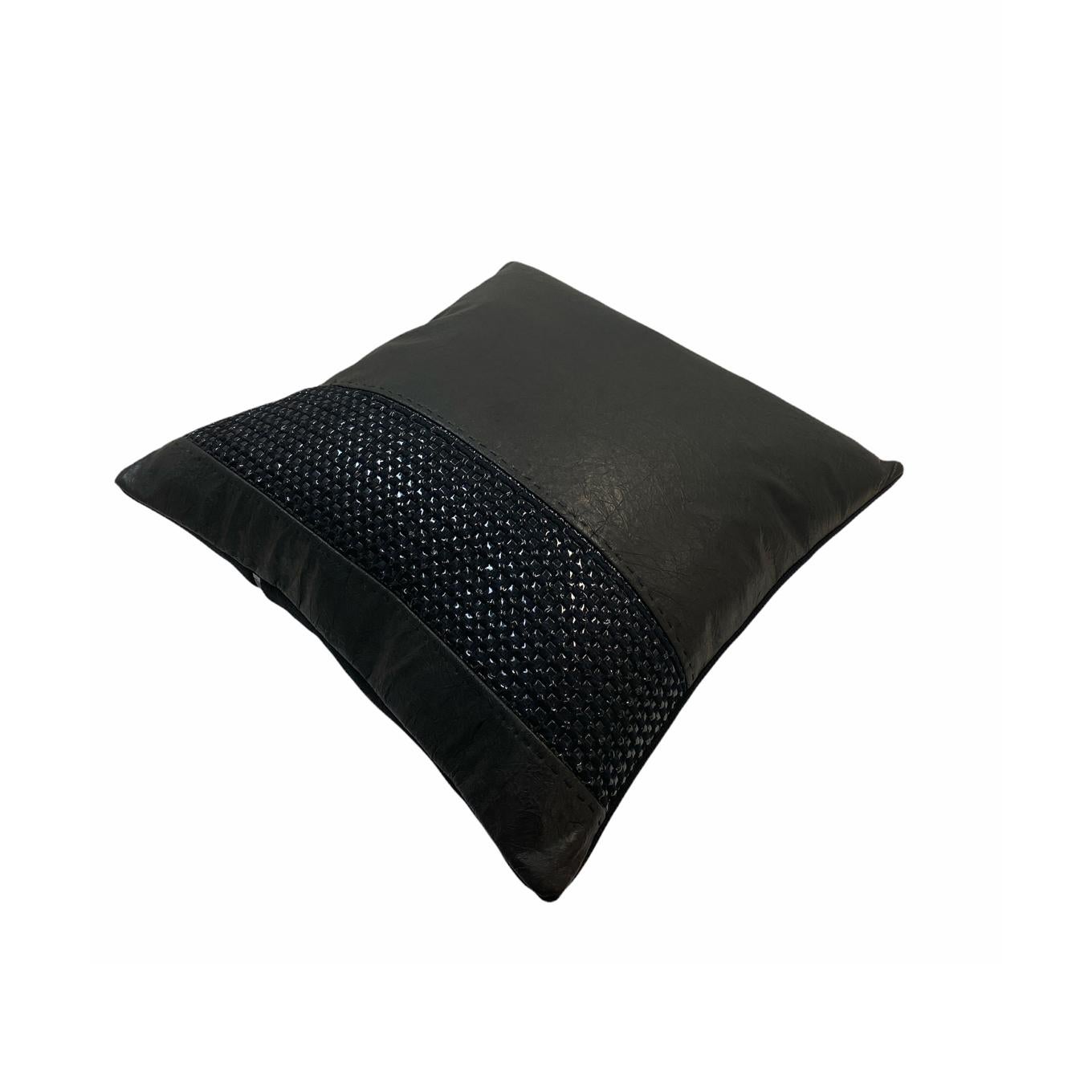 Embroidered Signature Leather Pillow in Black  For Sale