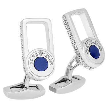 Signature Lock Cufflinks with Blue Lapis in Rhodium Plated Silver For Sale
