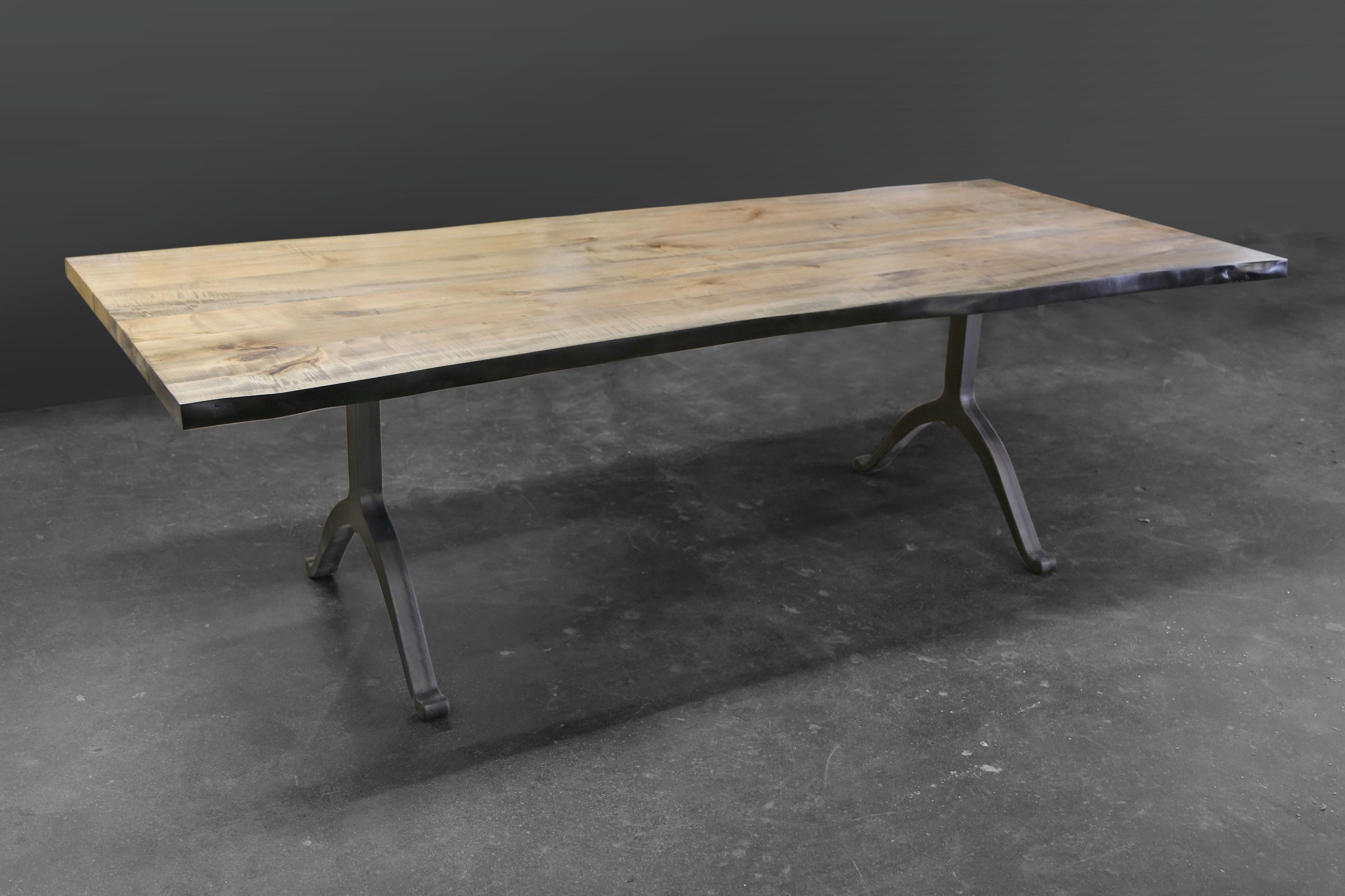 Contemporary Signature Maple Live Edge Slab Table Driftwood Finish Steel Wishbone Legs For Sale