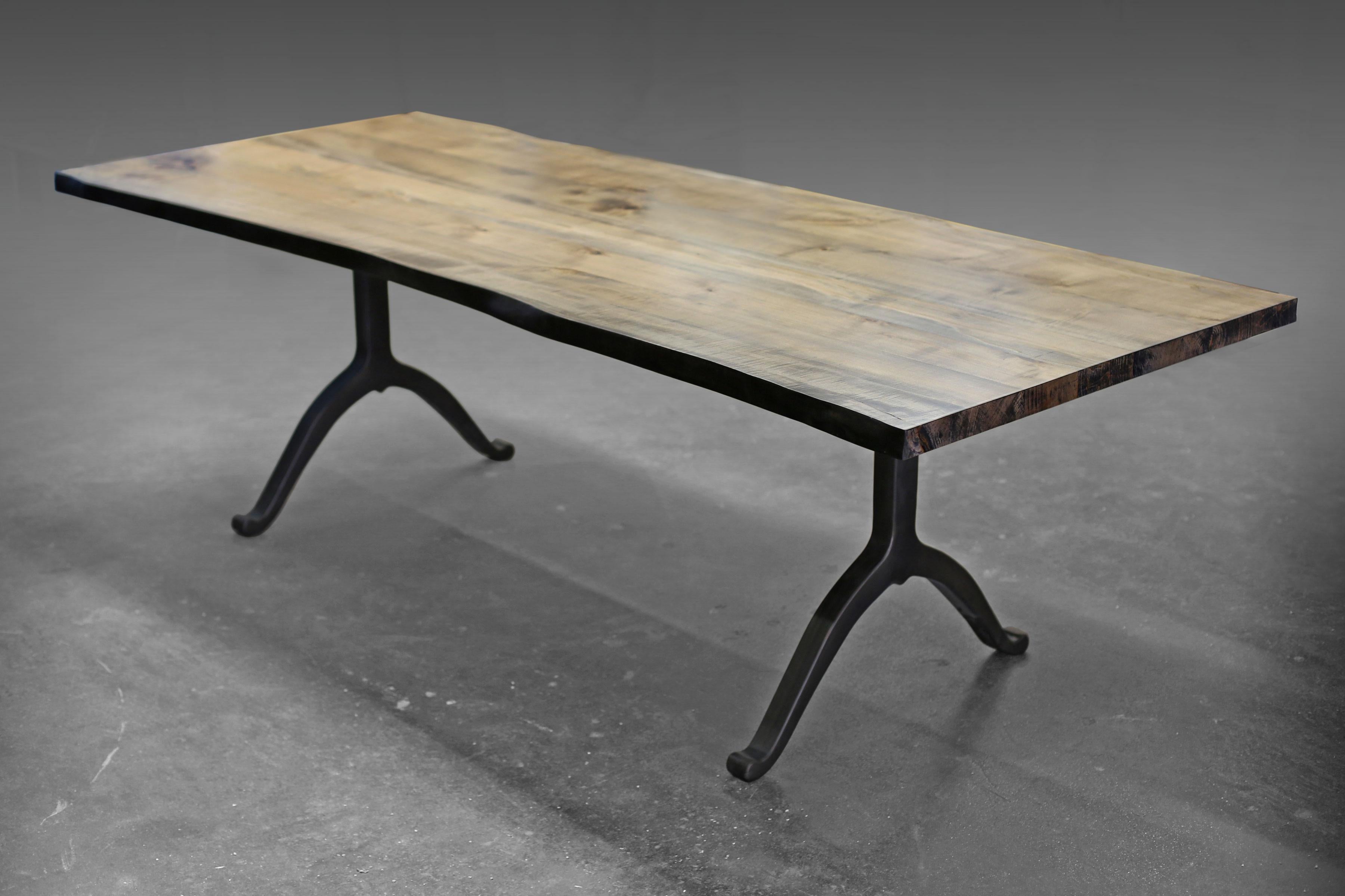 Blackened Signature Maple Live Edge Slab Table Driftwood Finish Steel Wishbone Legs For Sale