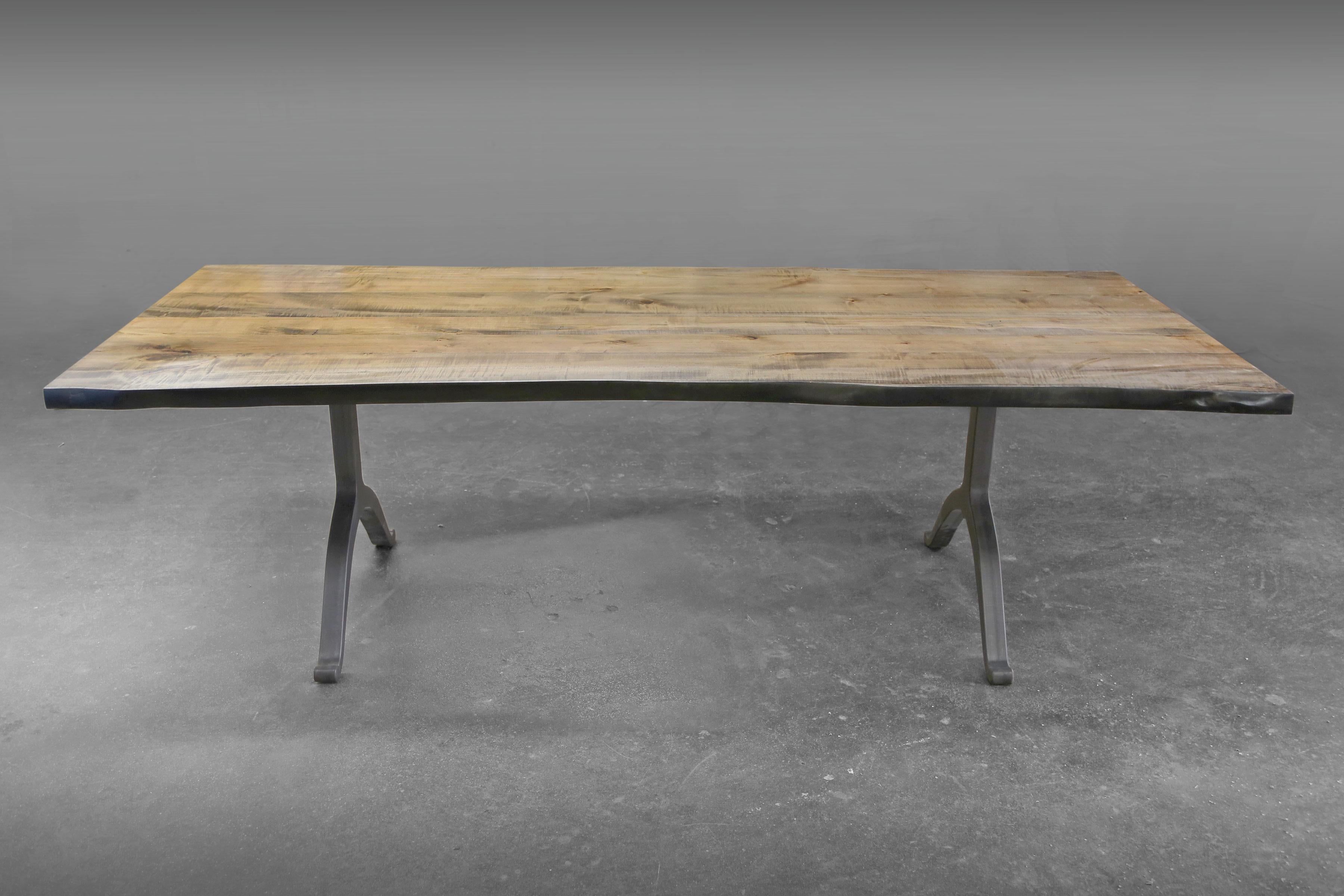 Signature Maple Live Edge Slab Table Driftwood Finish Steel Wishbone Legs In New Condition For Sale In Brooklyn, NY