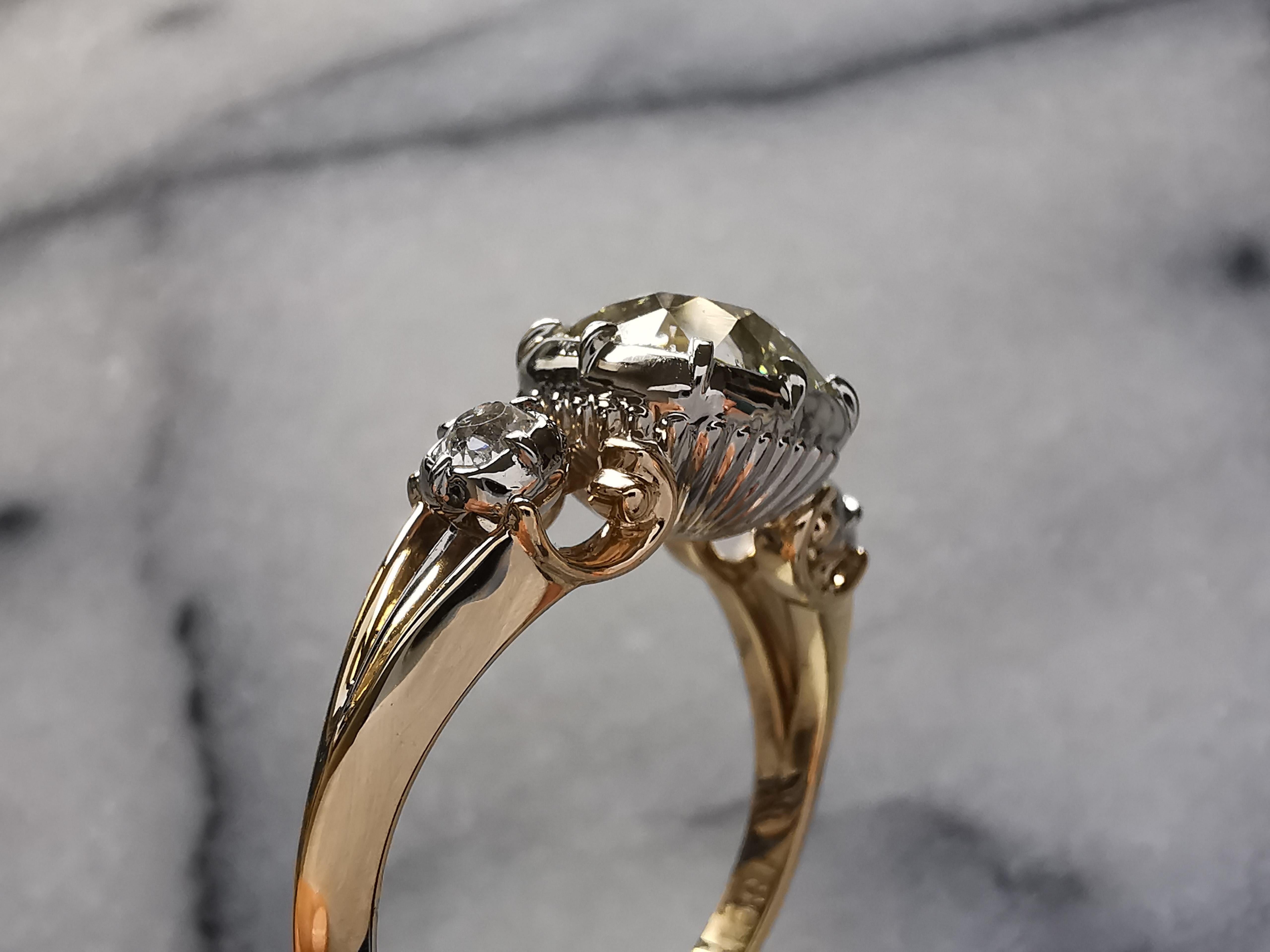 Antique Cushion Cut Signature Old Mine Diamond Three Stone Ring