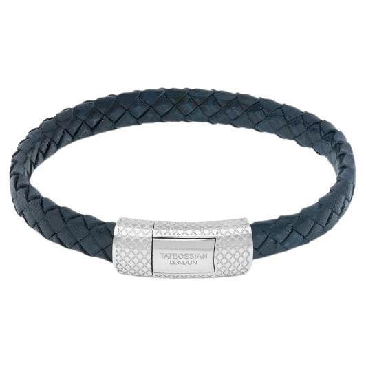 Signature Oval Bracelet in Blue Leather & Rhodium-plated Sterling Silver, Size S For Sale