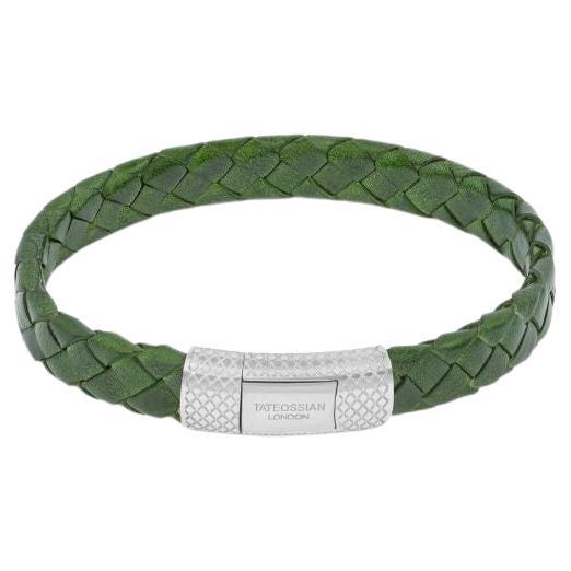 Signature Oval Bracelet in Green Leather with Rhodium Sterling Silver, Size S For Sale