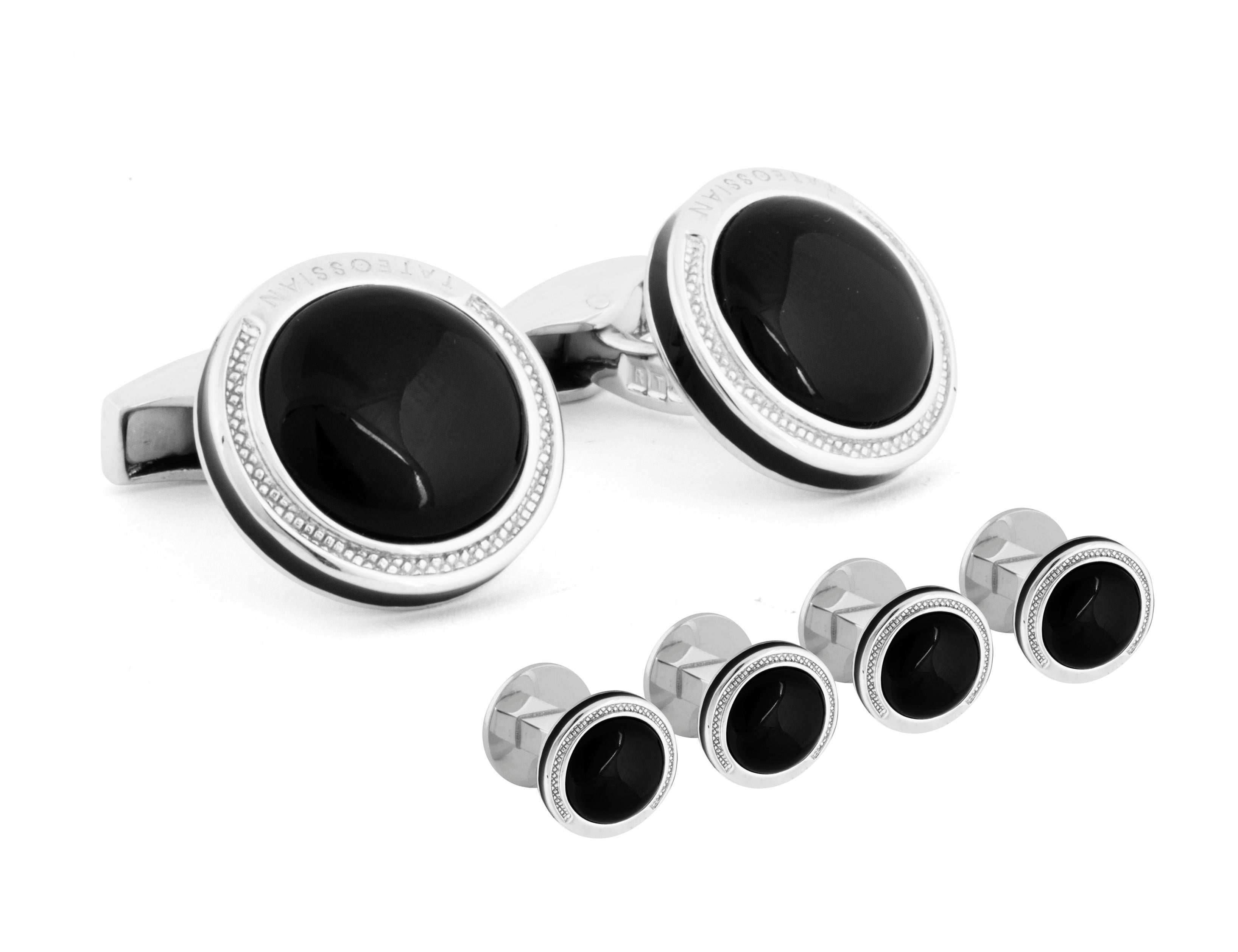 This round cufflink & shirt stud set has a smooth, domed semi precious stone with the signature Tateossian diamond pattern crisply engraved into the border of the frame. The side of the cufflink has a thin line of enamel matching the colour of the