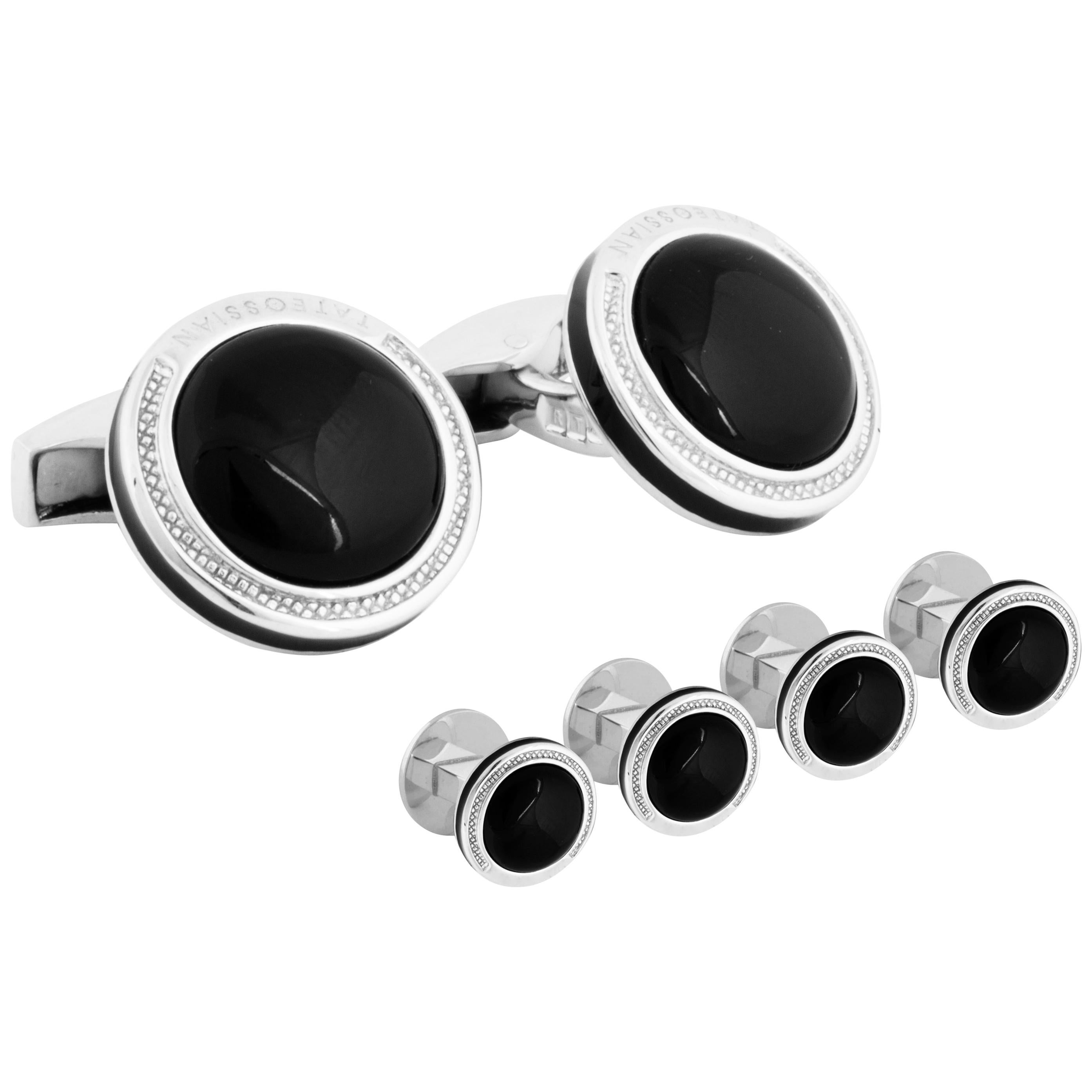 Tateossian Signature Round Silver Shirt Stud Set, Onyx