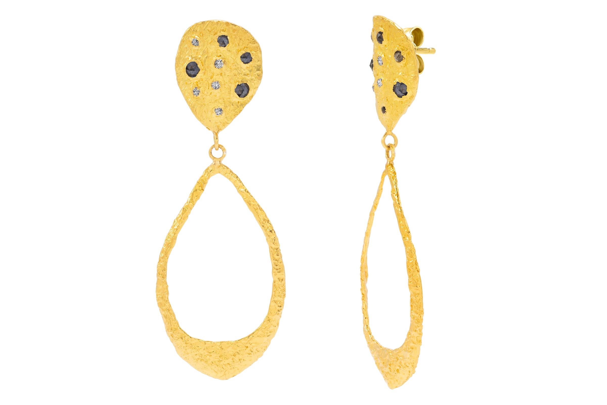 These signature Teardrop Earrings are the perfect combination of 22k gold organic texture and 18 stunning salt and pepper diamonds that effortlessly elevates your mood and style. Timeless, chic and spectacular.  Look out for other variations as well